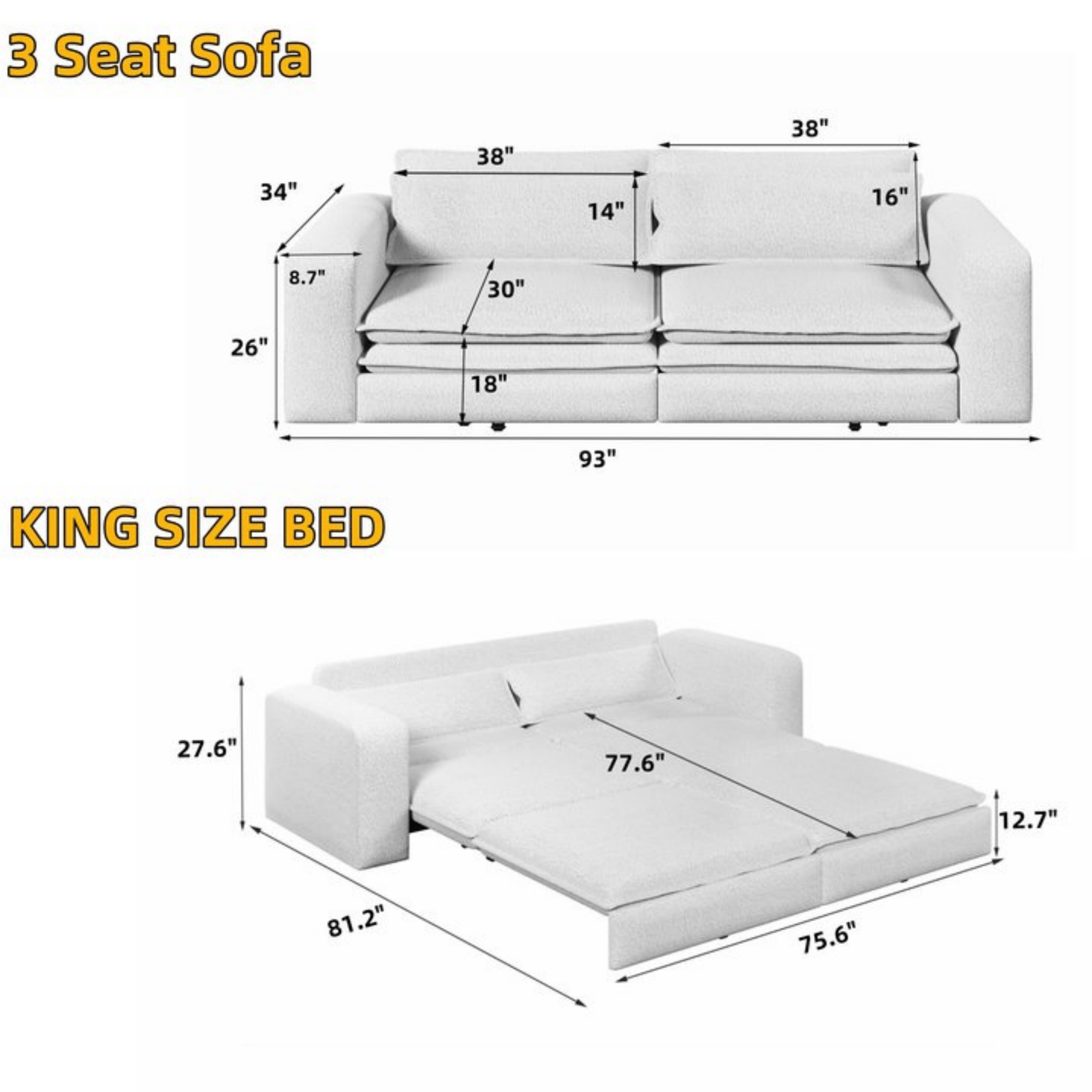 NEW 93' King Size Sleeper Sofa Bed, Pull Out Sofa Bed, 3 in 1 Convertible Sleeper Sofa, Chaise Lounge,3 Seat Teddy Couch with 2 Lumbar Pillows for Living Room, Apartment, Office, Studies,Blue