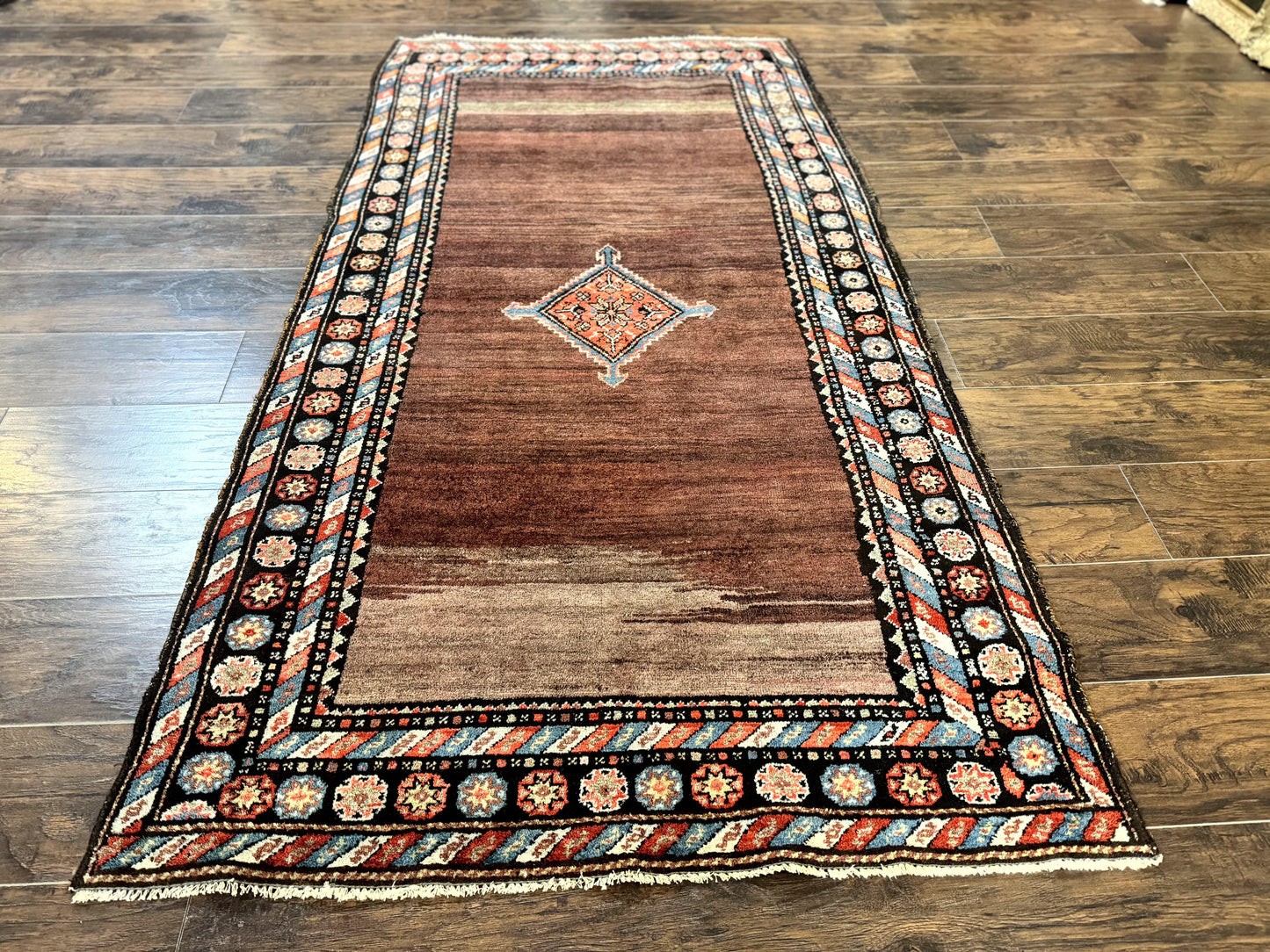 USED Antique Persian Rug 4x7, Sarab Tribal Wool Carpet, Brown and Multicolor, Handmade Wide Runner Rug 4 x 7, Open Field, Rainbow Border