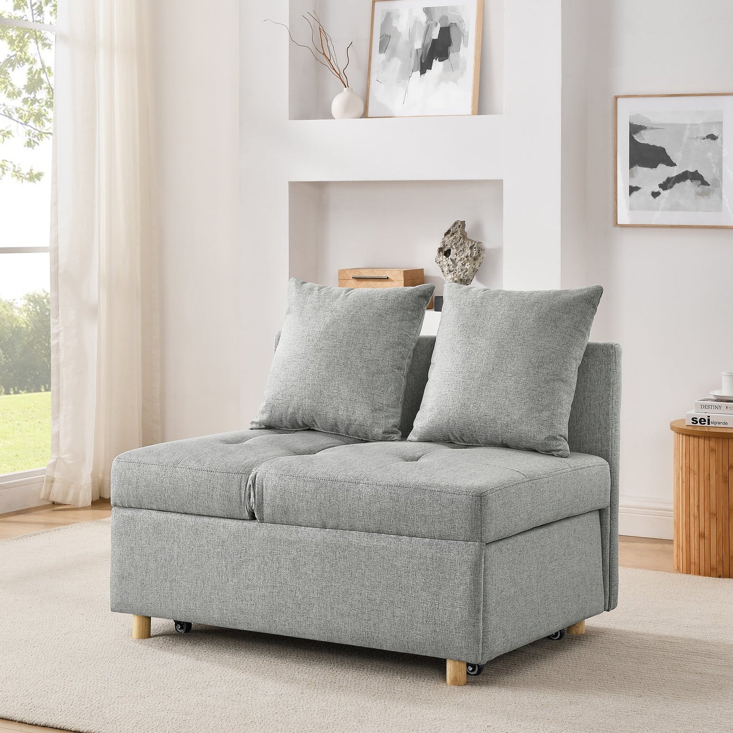 NEW Grey Modern Linen Fabric Convertible Sleeper Sofa Chair Adjustable Backrest Recliner with Pullout Sofa Bed with Wheels