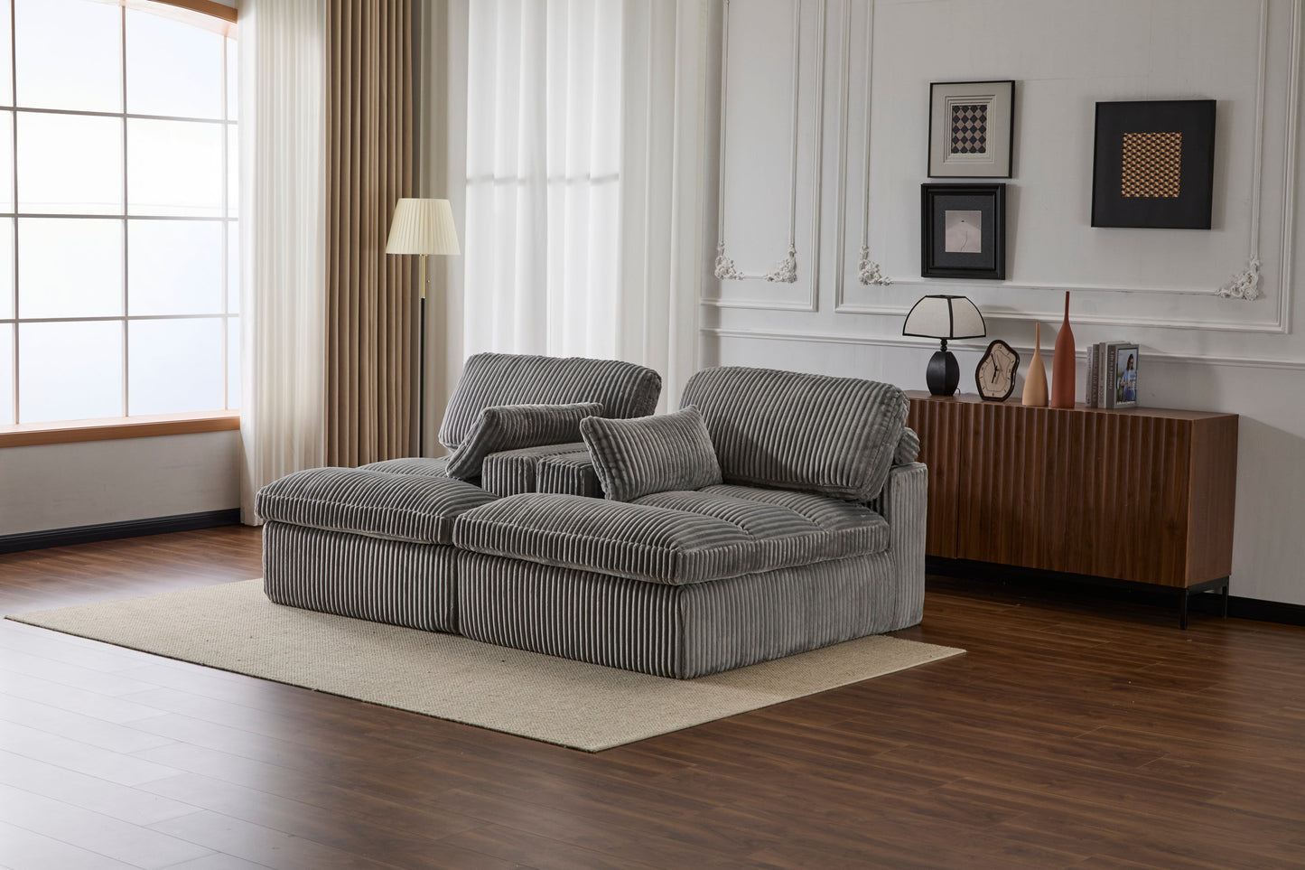 NEW Indoor Grey Corduroy Oversized Upholstered Double Chaise Lounge Chair Oversized Upholstered Sleeper Cloud Couch Deep Seat Luxury Sectional Sofa Bed Chaise Lounge