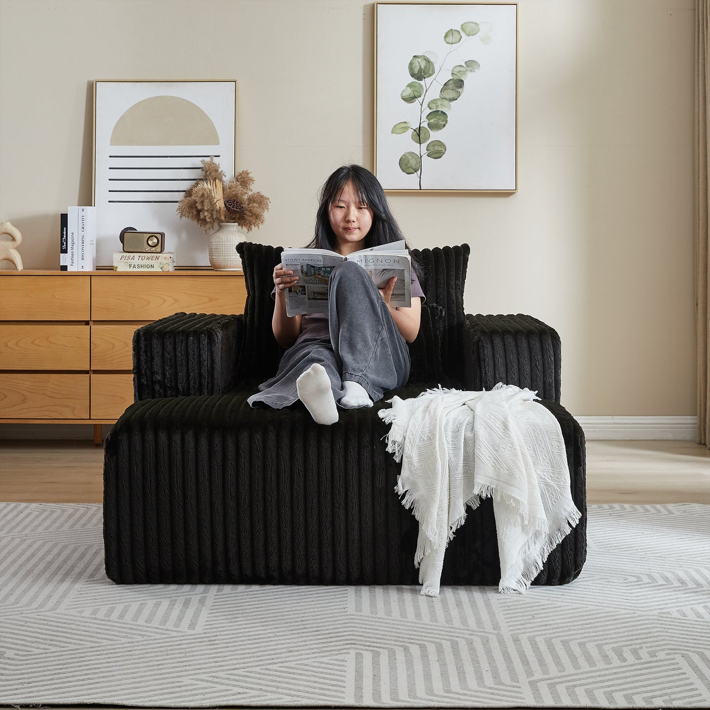 NEW 62.5-Inch Corduroy Sponge Sofa Couch Lounge Fluffy Modern Sleeper Chair