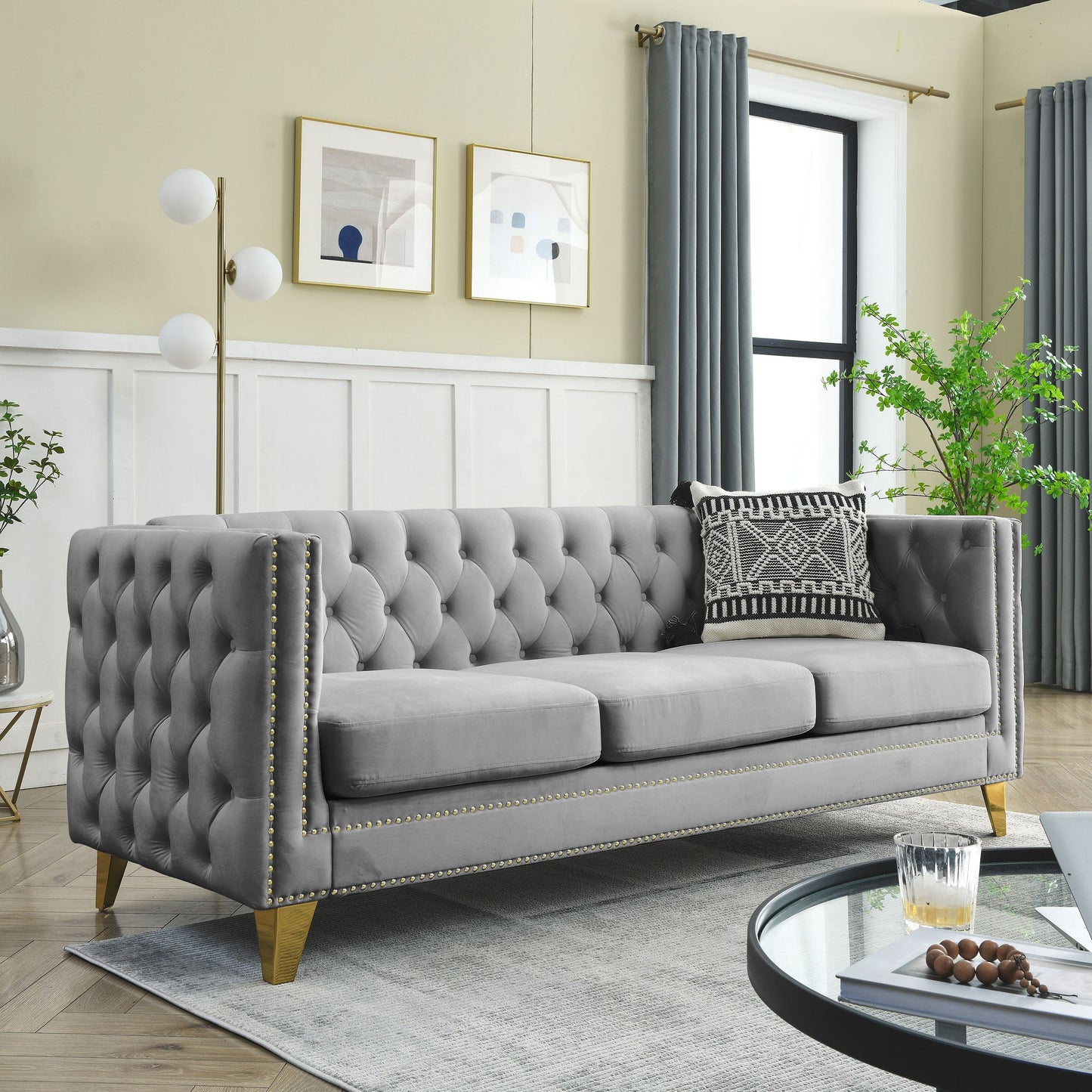 NEW Velvet Sofa for Living Room, Buttons Tufted Square Arm Couch, Modern Couch Upholstered Button and Metal Legs, Sofa Couch for Bedroom, Grey Velvet .2PCS