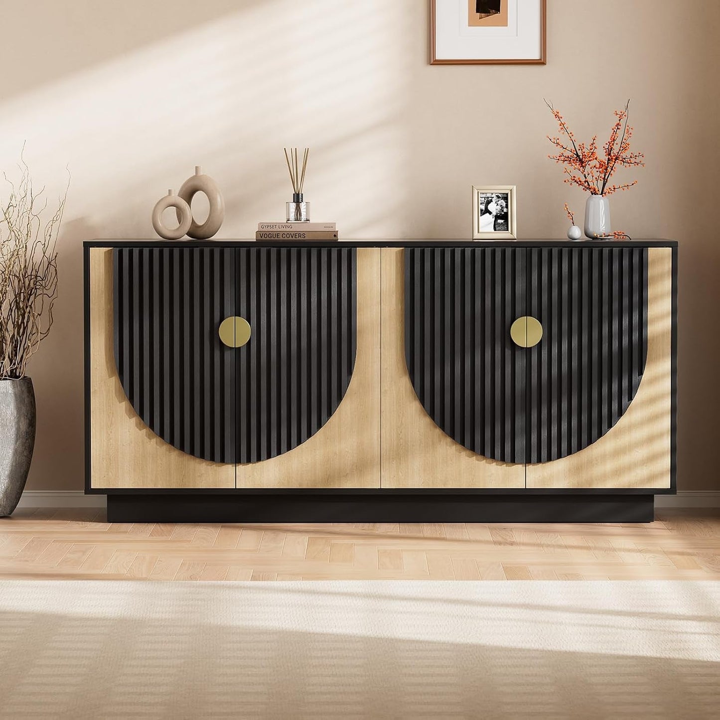 NEW 63 Inch Camel Black Buffet Cabinet For Dining Room