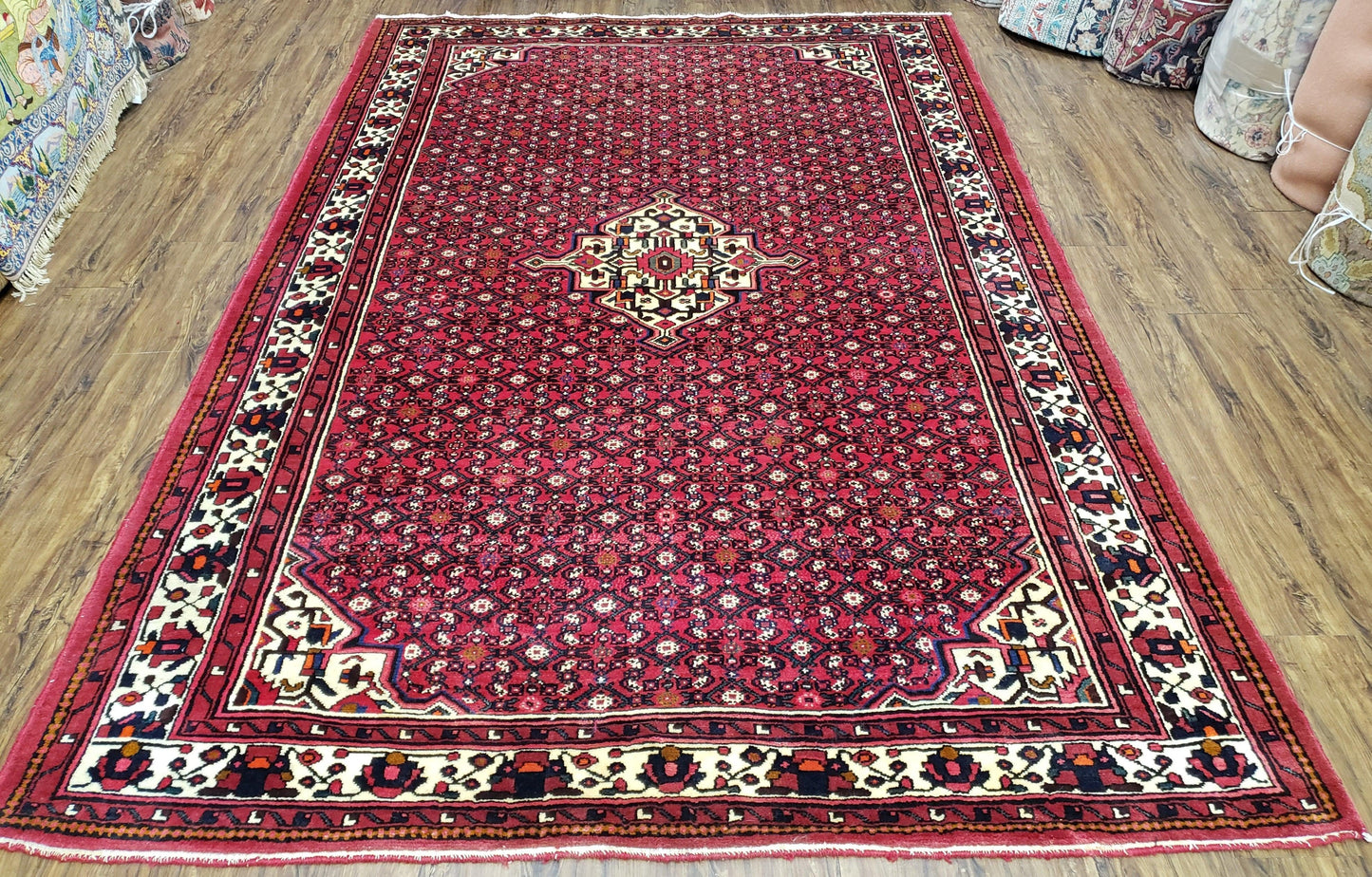 USED Vintage Persian Hamedan Rug 7x10, Angelas Mahi Pattern, Red, Wool, Hand-Knotted