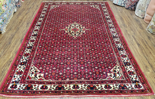 USED Vintage Persian Hamedan Rug 7x10, Angelas Mahi Pattern, Red, Wool, Hand-Knotted