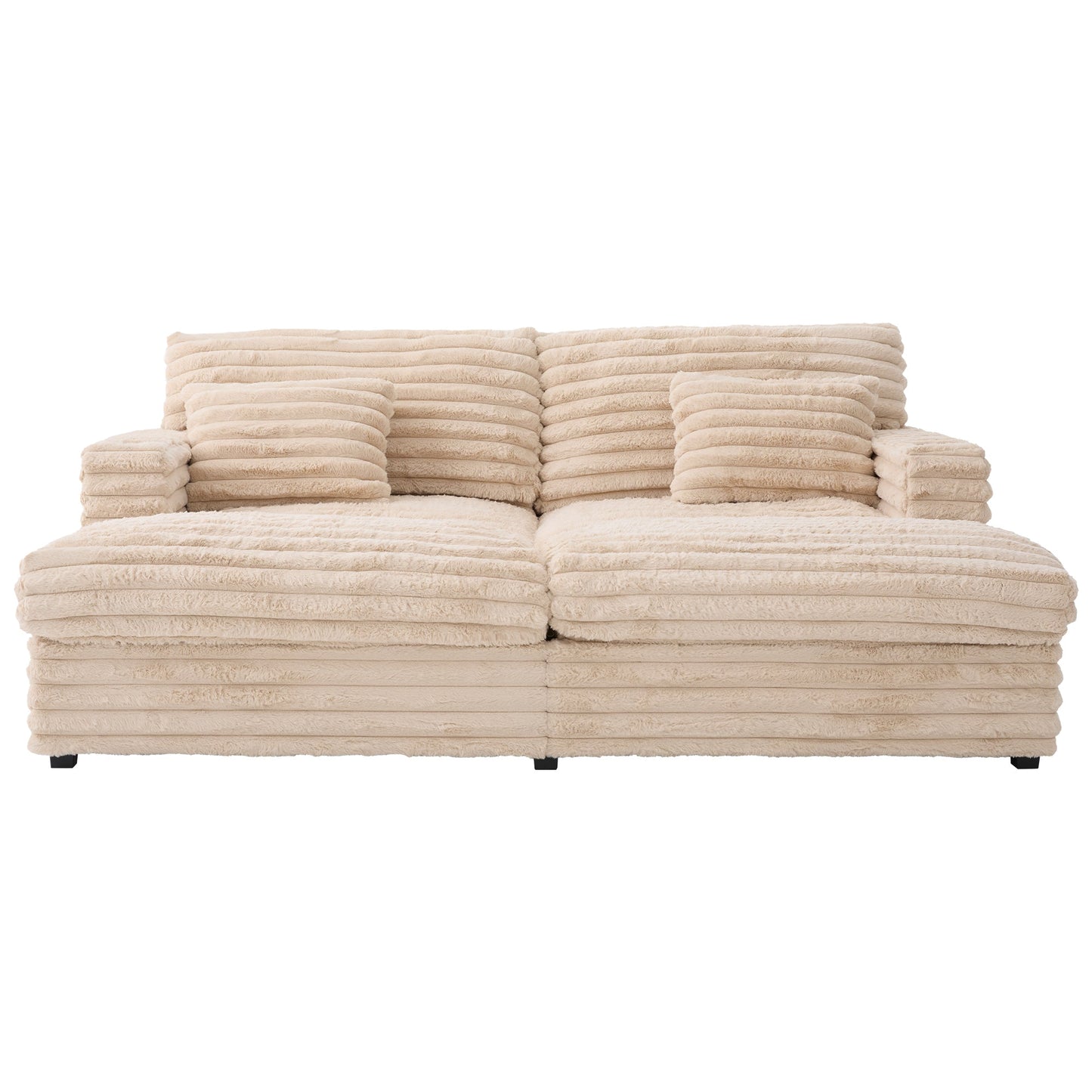 NEW Plush Champagne Faux Rabbit Fur Upholstered Oversized Double Chaise Lounge Sofa with USB Ports and Cup Holders