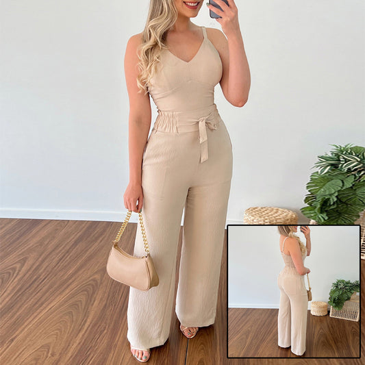 NEW Women's Solid Color Slim Elastic Pleated Two-Piece Suit Sexy Spaghetti Strap V-neck Backless Vest High Waist Wide Leg Pants Suit