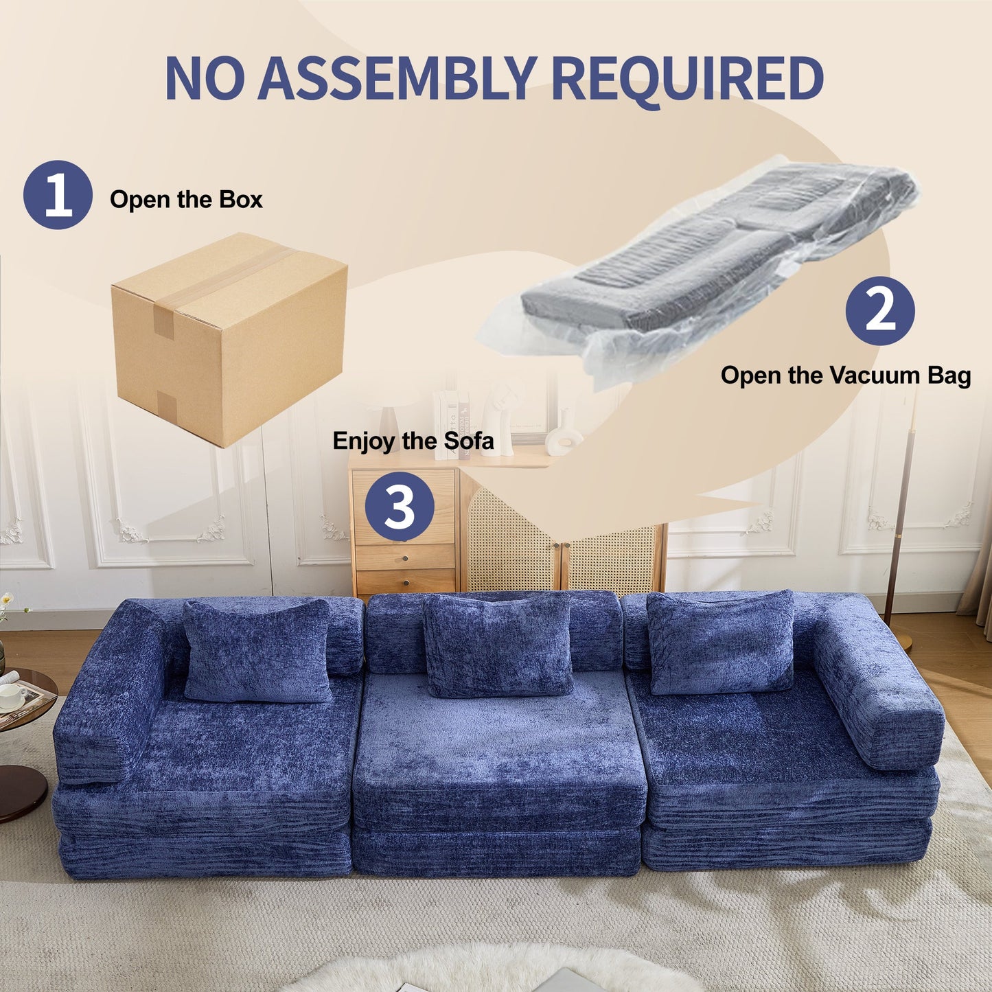 NEW Dark Blue Chenille Fabric Compression Convertible Floor Sofa Bed with Fixed-Shape Frame Boneless Modular Sectional Couch