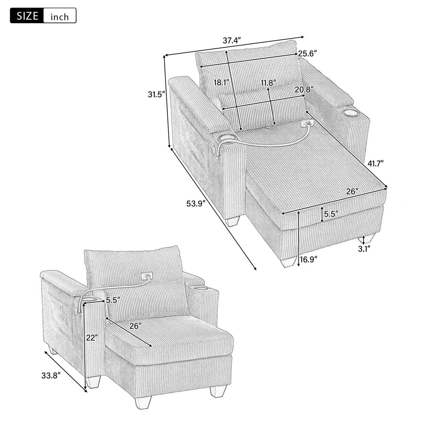 NEW Convertible Chaise Lounge Sofa Chair Bed with USB Ports, Cup Holders & Storage, Black Corduroy, 37.4'