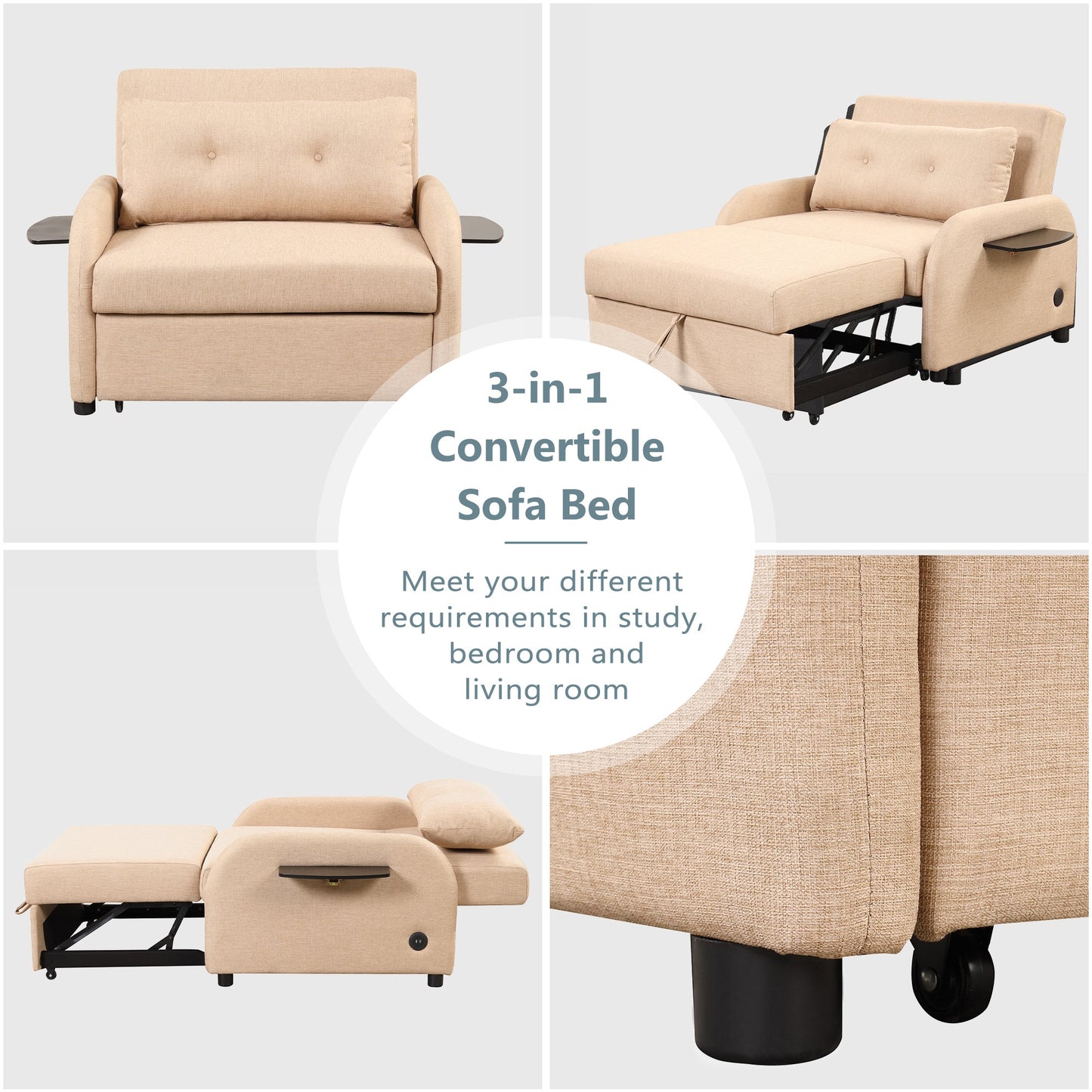 NEW Versatile Pull Out Sofa Sleeper 3 in 1 with Wing Table & USB Charge, Beige Linen, Compact Design
