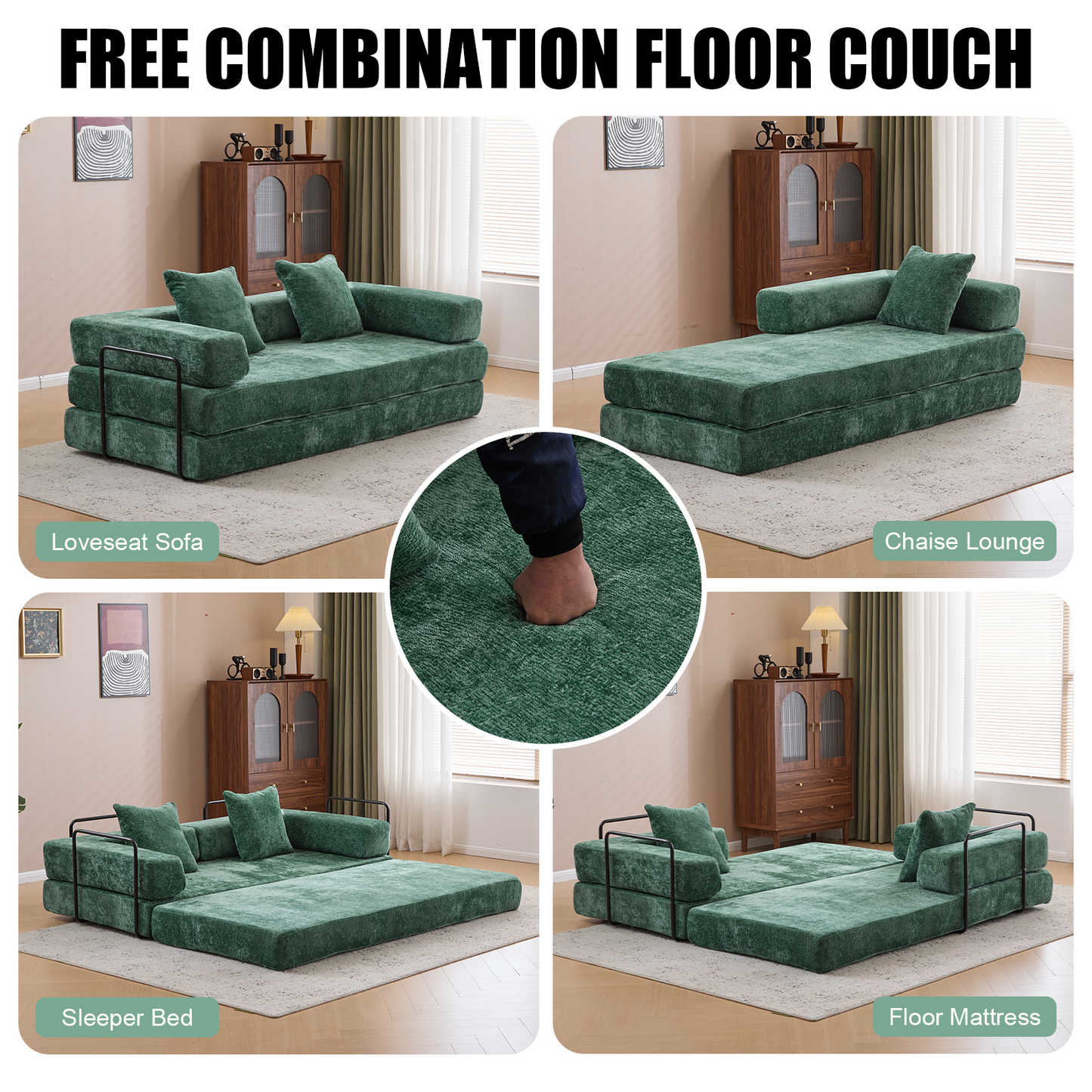 NEW Dark Green Chenille Fabric Floor Compression Convertible Sofa Bed
