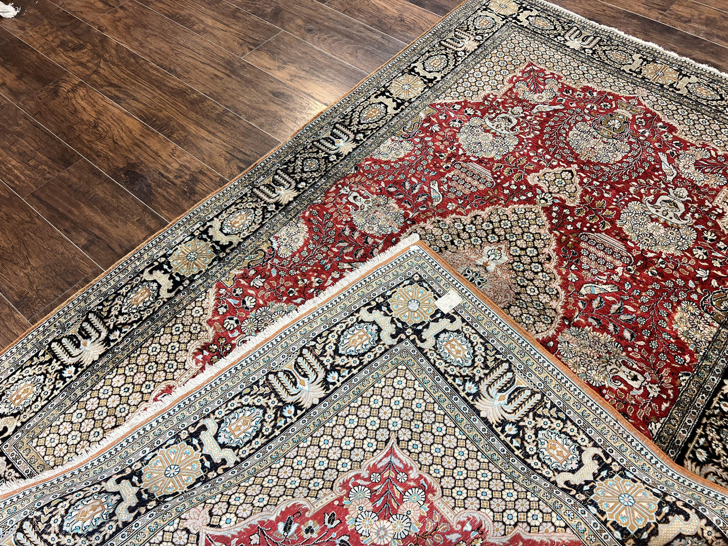 USED Wonderful Persian Silk Rug 5x7, Birds Floral Vases, Red, Hand Knotted Silk Fine Oriental Carpet, Handmade Vintage, Persian Qum Rug, 400 KPSI