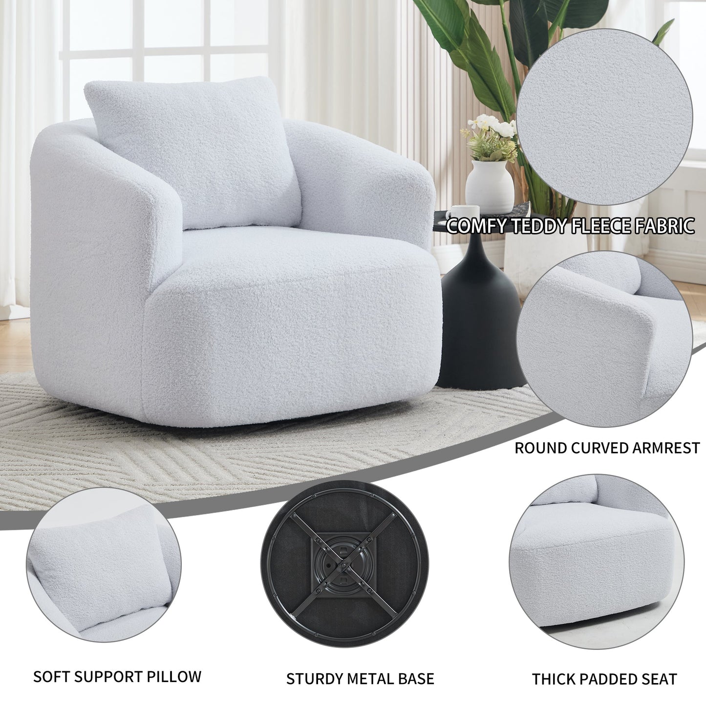 NEW White Teddy Fleece 360° Swivel Round Upholstered Comfy Chair With One Soft Pillow