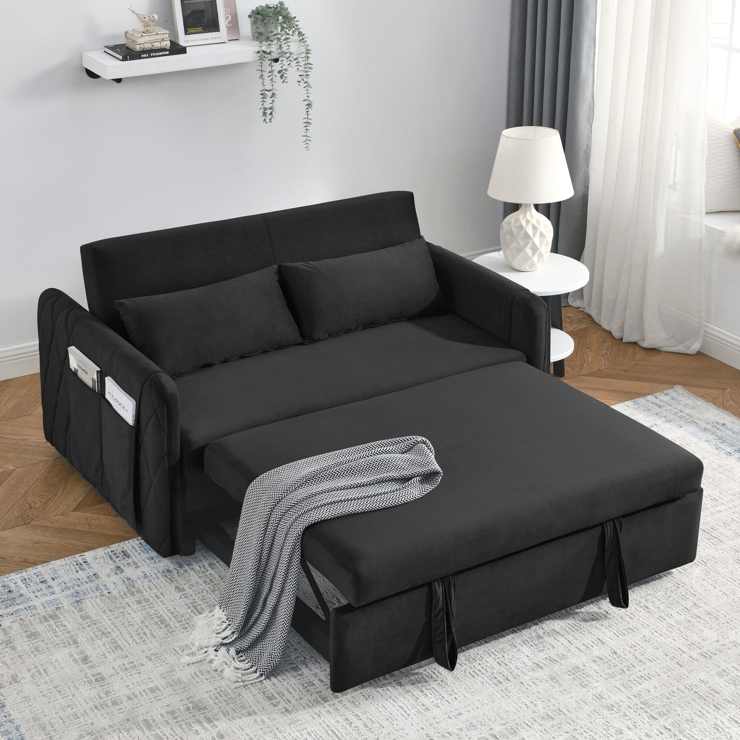 NEW 55' Modern Convertible Sofa Bed with 2 Detachable Arm Pockets, Velvet Loveseat Sofa with Pull Out Bed 2 Pillows Adjustable Backrest Grid Design Armrests
