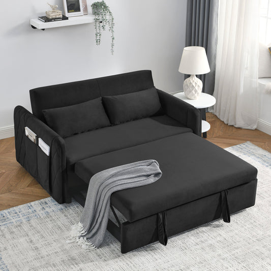 NEW 55' Modern Convertible Sofa Bed with 2 Detachable Arm Pockets, Velvet Loveseat Sofa with Pull Out Bed 2 Pillows Adjustable Backrest Grid Design Armrests
