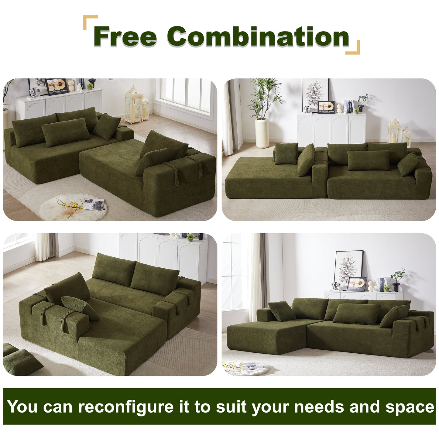 NEW Modern Chenille Upholstered Modular 108' L Shaped Sectional Free Combination Sofa Couch Set (Right Chaise)