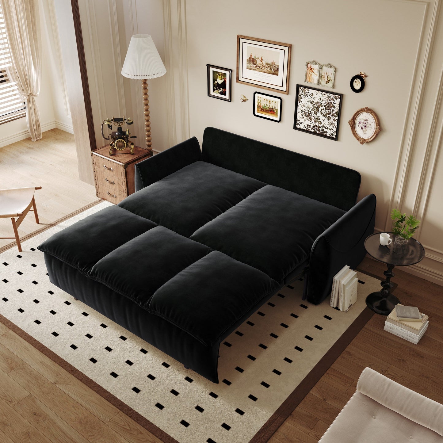 NEW 70.9' Multi-Functional 3-Seat Velvet Black Convertible Sleeper Sofa