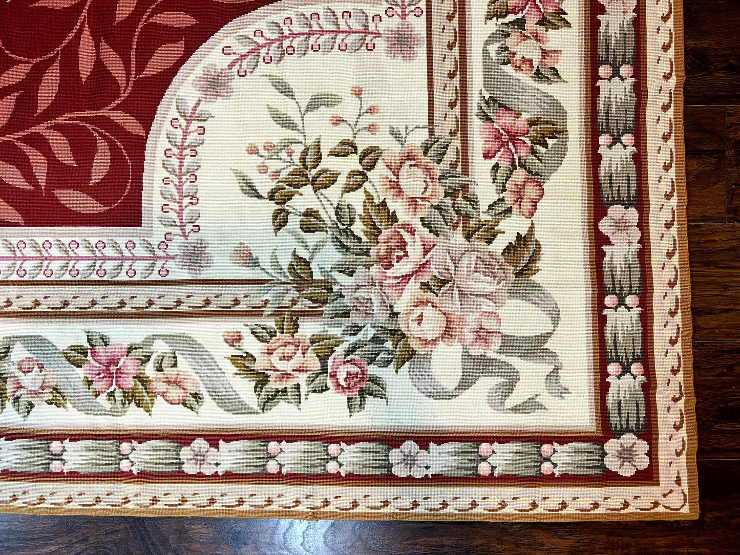 USED Wonderful Aubusson Rug 9x12, Handmade Vintage Needlepoint Carpet, Red and Ivory, Elegant European Design, Wool