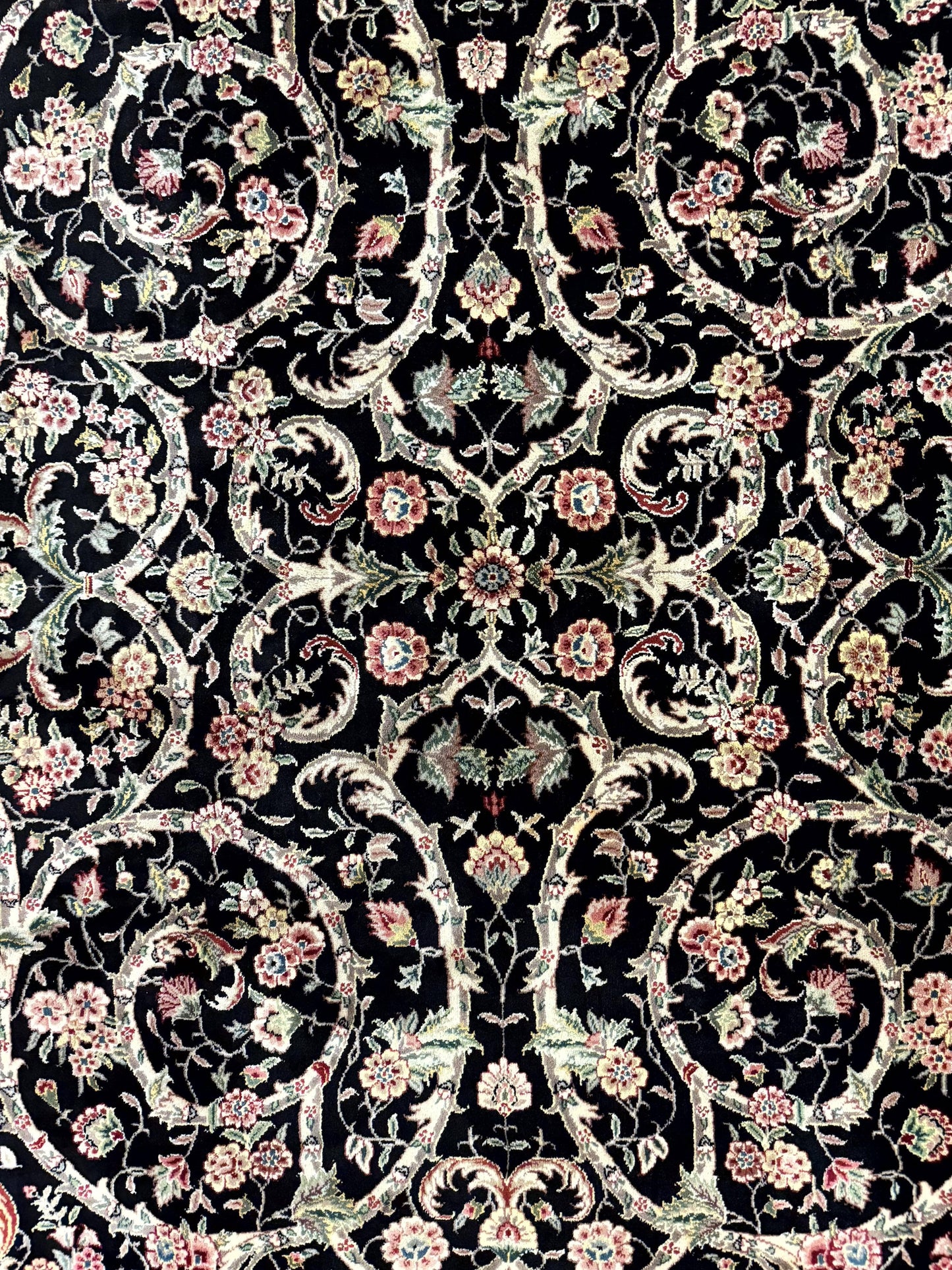 USED Black Pak Persian Rug 8x11, Floral Pattern, Hand Knotted Vintage Wool Rug with Silk Highlights, Fine 200 KPSI