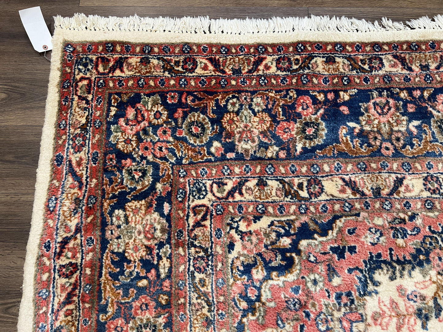 USED Persian Rug 9x10, Hamadan Rug, Antique Oriental Carpet, Wool Rug, Semi Open Field, Cream and Navy Blue, Kirman Design Hand Knotted Almost Square Rug