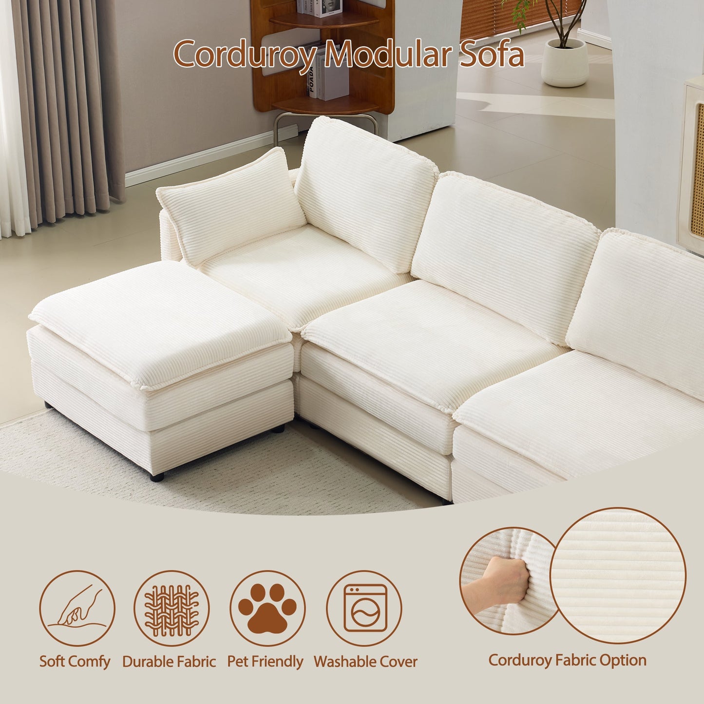 NEW 136' Plush Cloud 3-seater Sofa: Modular 4-seater Sofa + 2 Footstools with 22' Beige Chenille Cushions + 2 Throw Pillows - Compact Size for Apartment, Living Room, Bedroom (Beige)