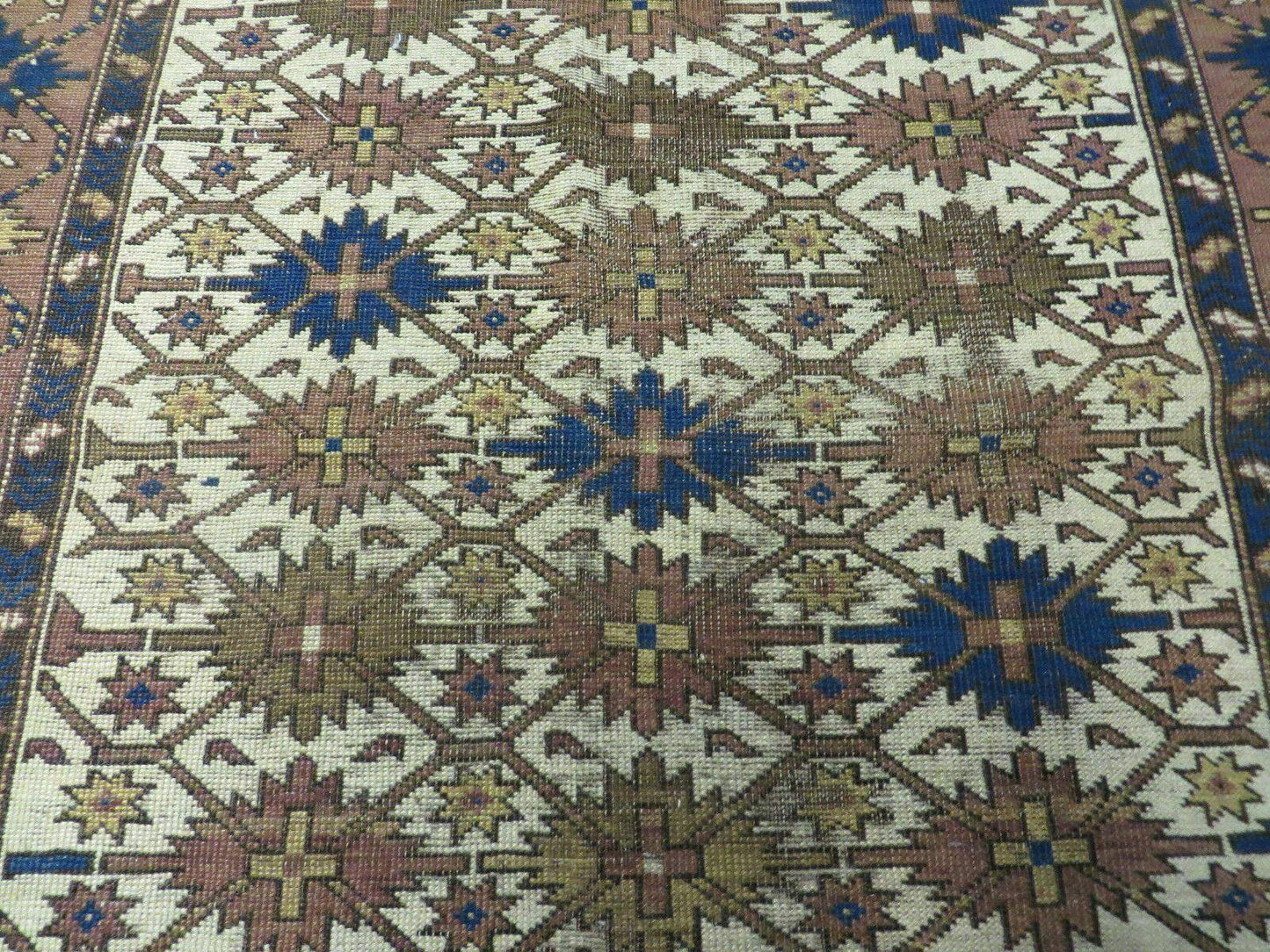 USED 4' X 5' Antique Handmade Caucasian Kazak Shirvan Wool Rug Snow Flakes