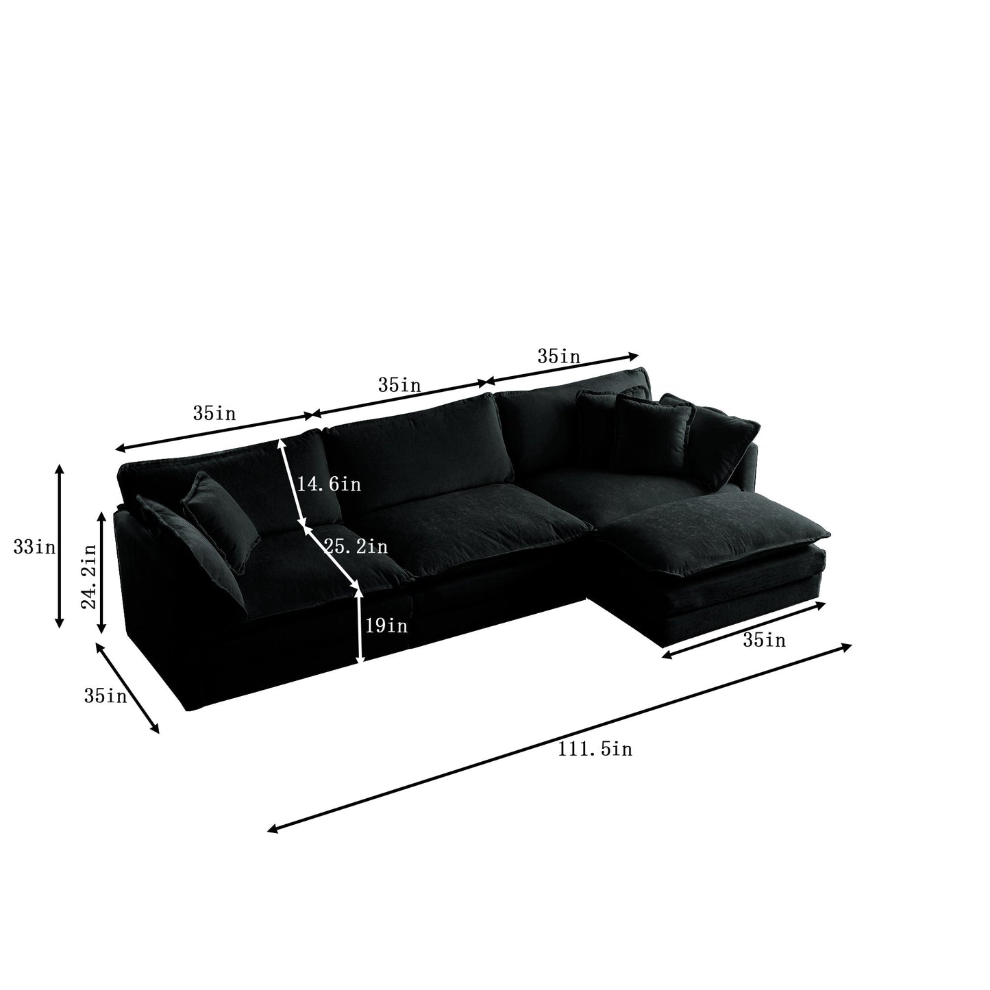 NEW Black Combination Comfy Upholstered Modular Oversized L Shaped Sectional Sofa