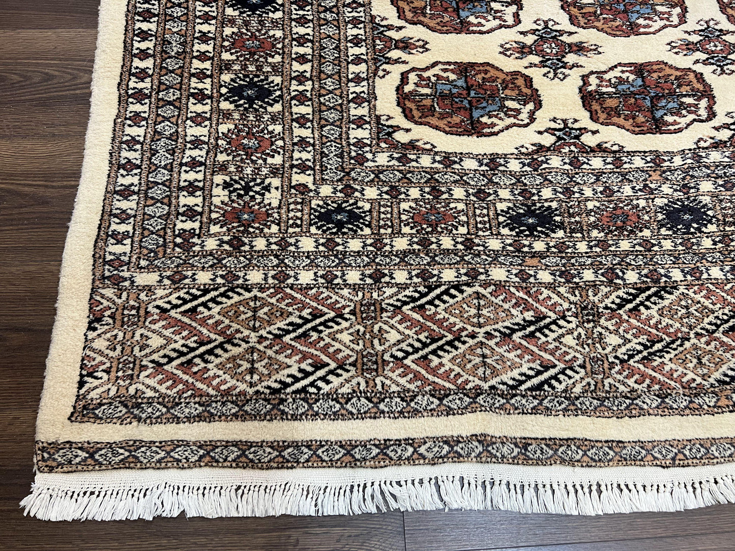 USED Pakistani Bokhara Rug 8x10, Traditional Turkoman Tribal Carpet, Allover Repeated Elephant Foot Motif, Ivory/Cream Black Red, Vintage Handmade