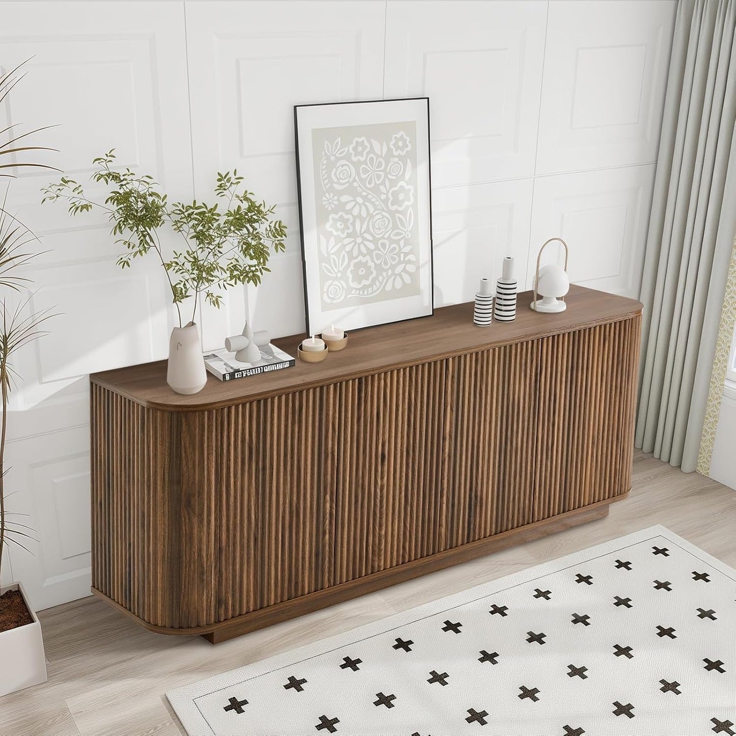 NEW 64 Inch Walnut Contemporary Buffet Sideboard Cabinet