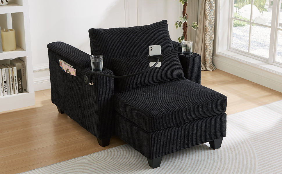 NEW Convertible Chaise Lounge Sofa Chair Bed with USB Ports, Cup Holders & Storage, Black Corduroy, 37.4'