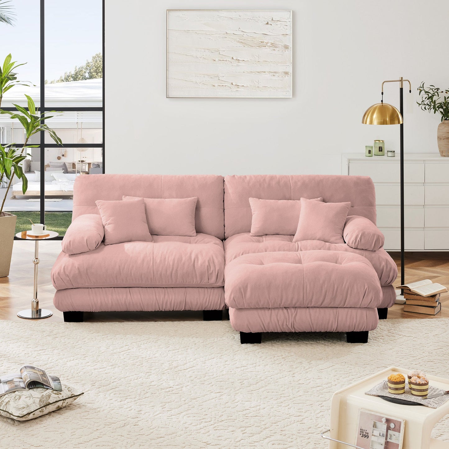 NEW Cloud Couch Sectional Sofa for Living Room, Chenille 2 Seater Sofa with 2 Lumbar pillows and 2 throw pillows , Upholstered Wide Arm Sofa with Convertible Ottoman,Chenille Pink