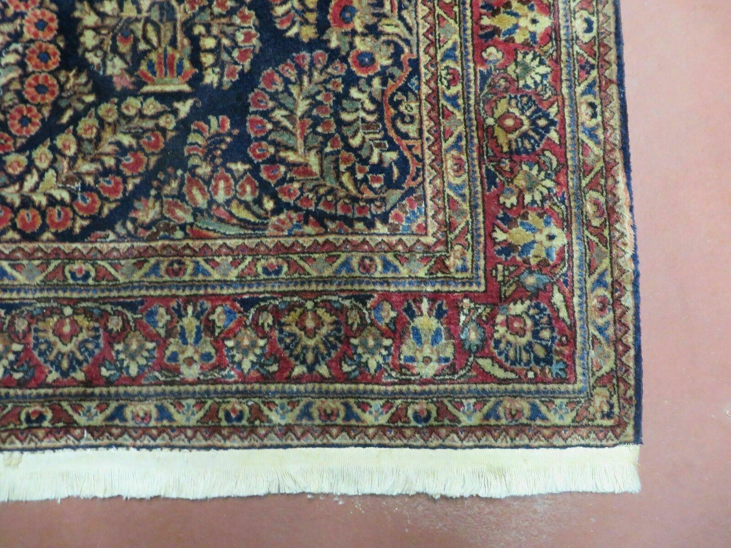 USED Antique Persian Sarouk Rug 4x6, Hand Knotted 1920s Oriental Carpet 4 x 6 ft, Navy Blue and Red Wool Rug, Handmade Floral Allover Persian Area Rug