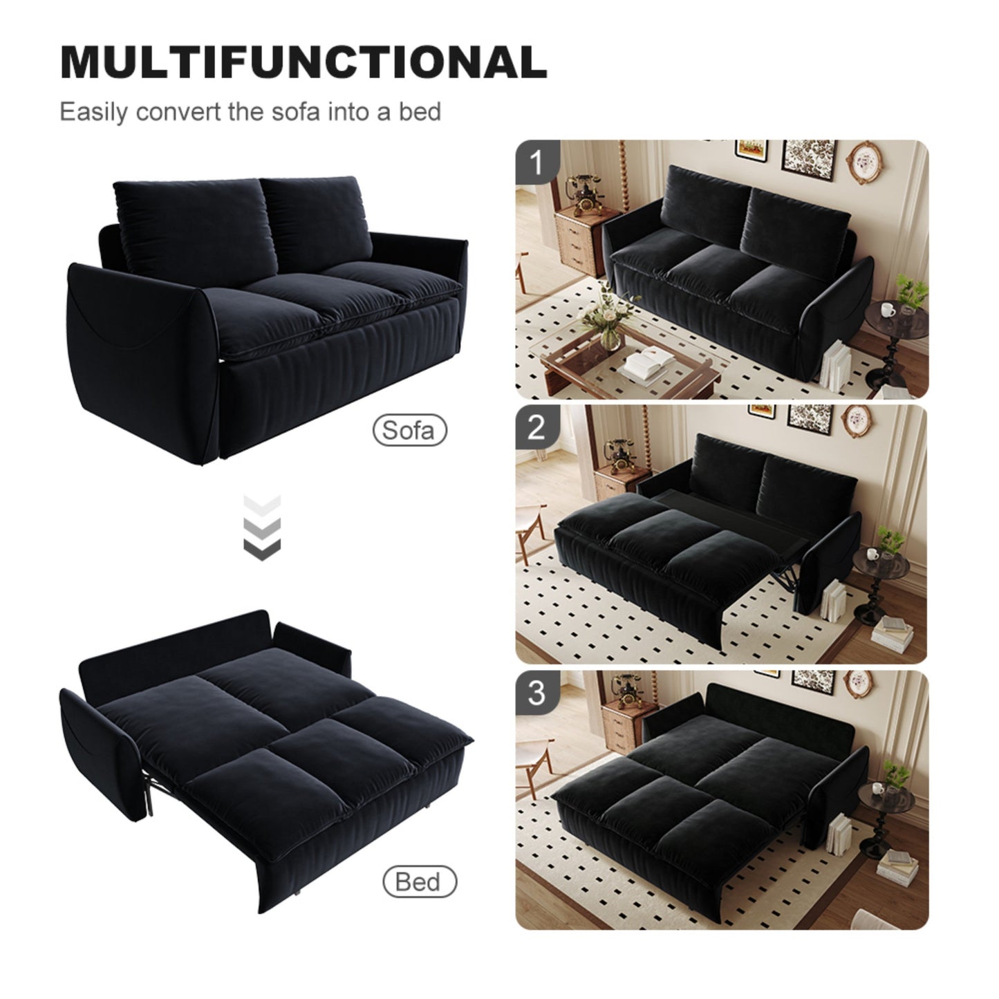 NEW 70.9' Multi-Functional 3-Seat Velvet Black Convertible Sleeper Sofa