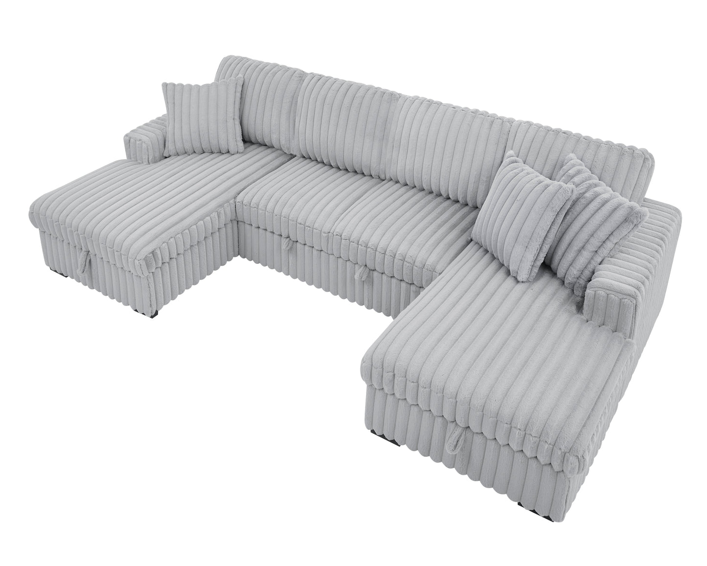NEW Rabbit Plush Grey Corduroy Fabric Oversized Pull Out U Shaped Sleeper Sectional Sofa Bed Couch with Double Storage Chaise