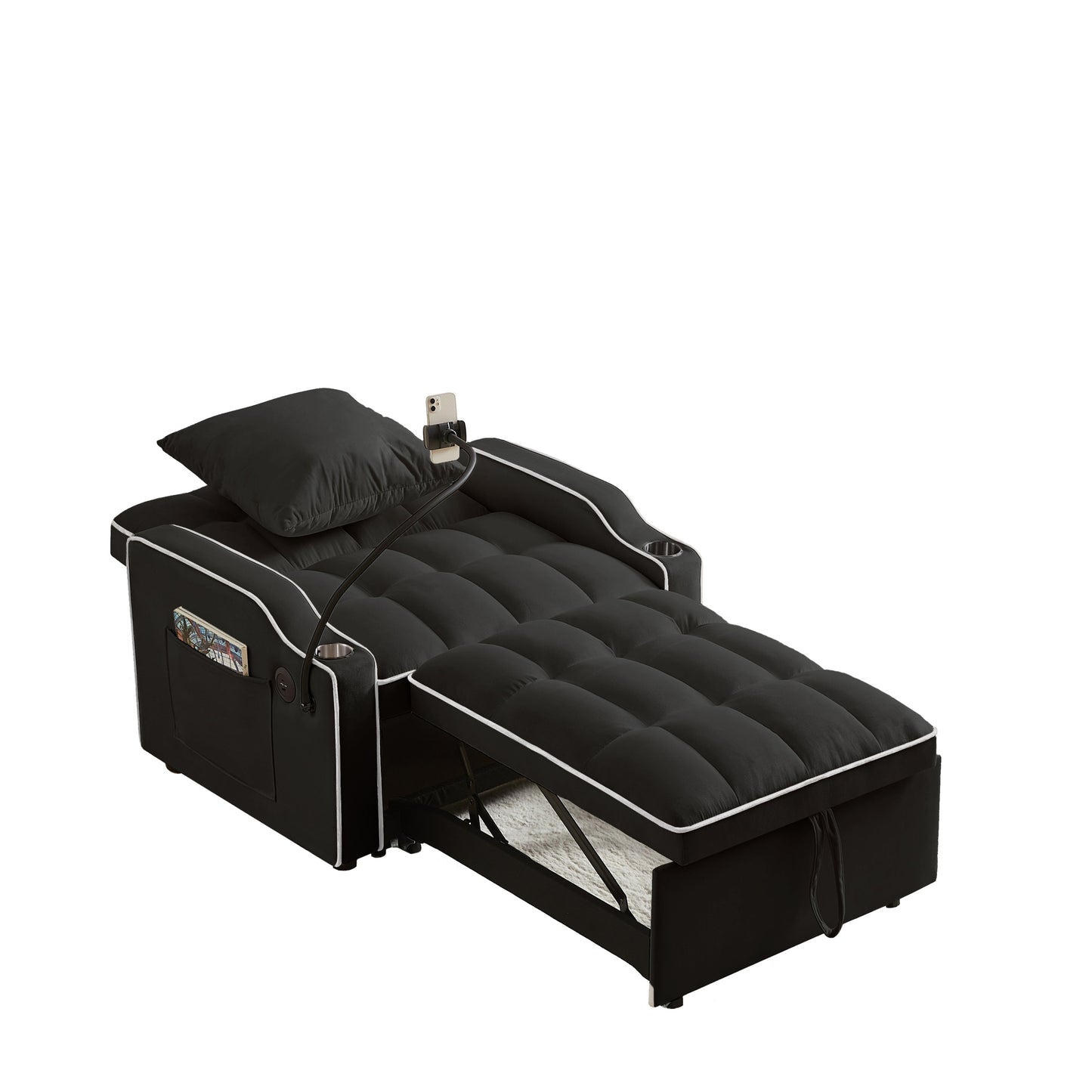 NEW Black Velvet Convertible 3-in-1 Sofa Bed with Multi-Pockets and Adjustable Sleeper