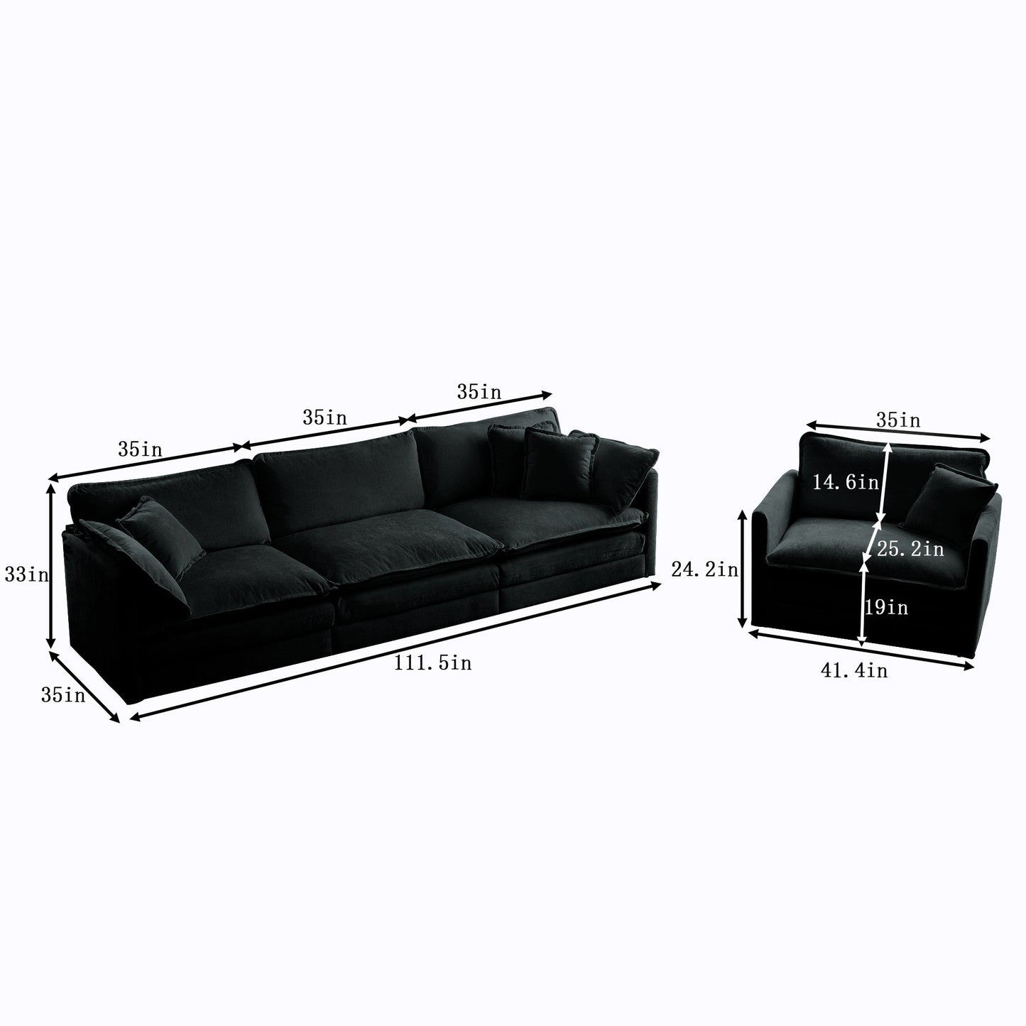 NEW 2-Piece Black Chenille Upholstered Sectional Sofa Deep Seat Couch Set