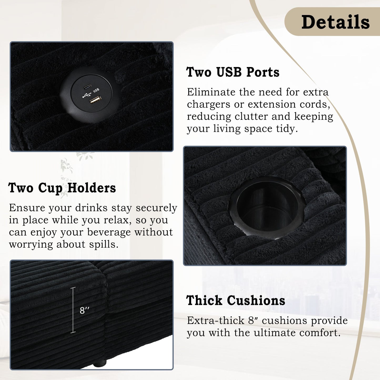 NEW Black Corduroy Oversized Loveseat Chaise Lounge Sectional Sofa Bed with USB Ports Cup Holders and Pillows