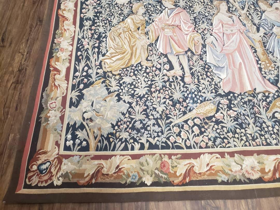 USED Vintage European Tapestry 5.4 x 7.11, Antique Style European Wall Hanging, Aubusson Weave Handmade Tapestry, Courtship Dating Scene, Animals