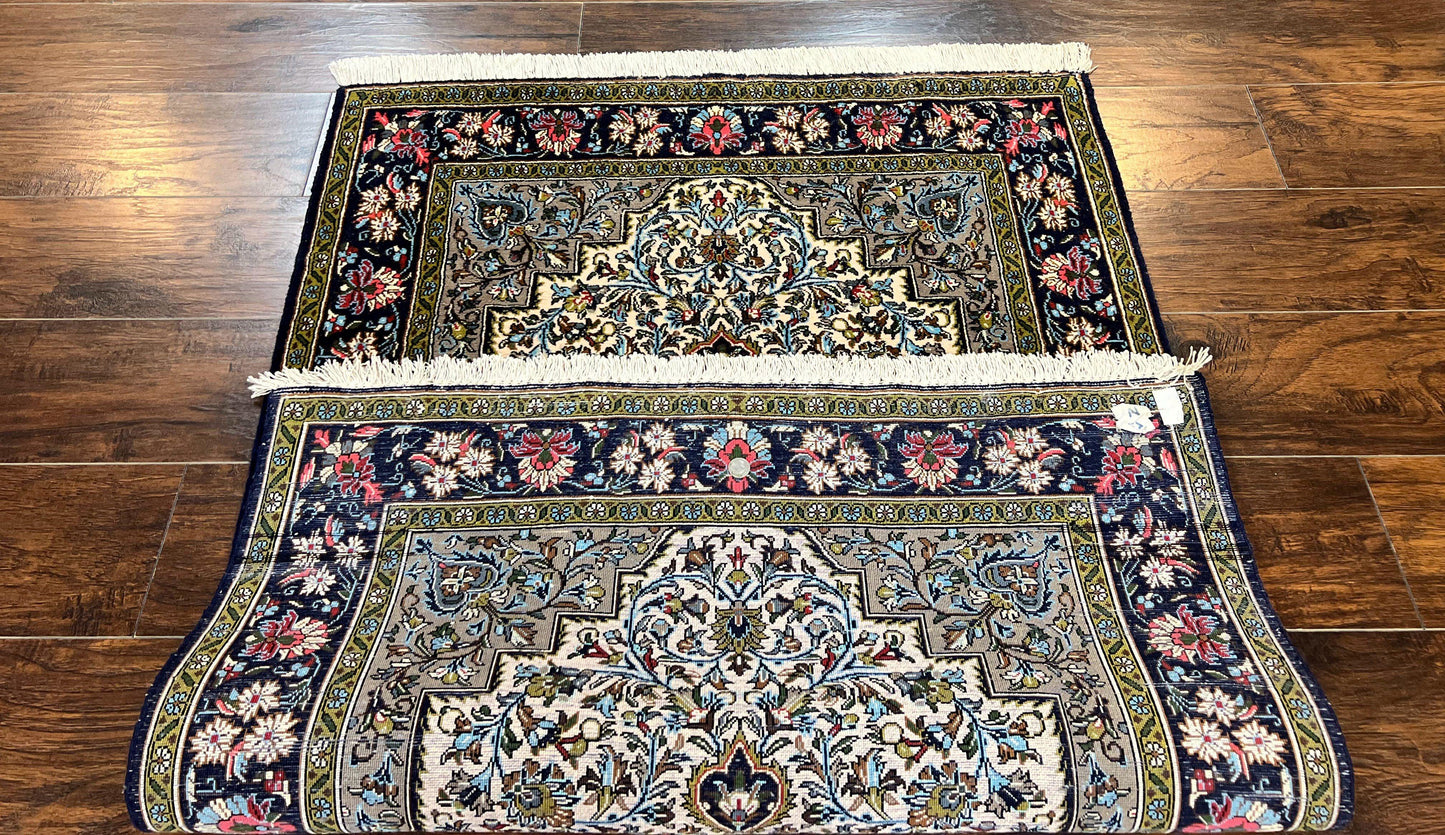 USED Persian Qum Rug 3x5, Wool with Silk Highlights, Handmade Semi Antique Carpet, Ivory & Navy Blue, Floral Medallion, Finely Hand Knotted