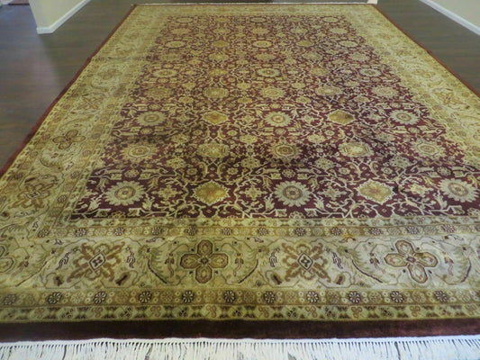 USED Indian Agra Rug 10x14 Vintage Handmade Larastan Wool Carpet Maroon Floral