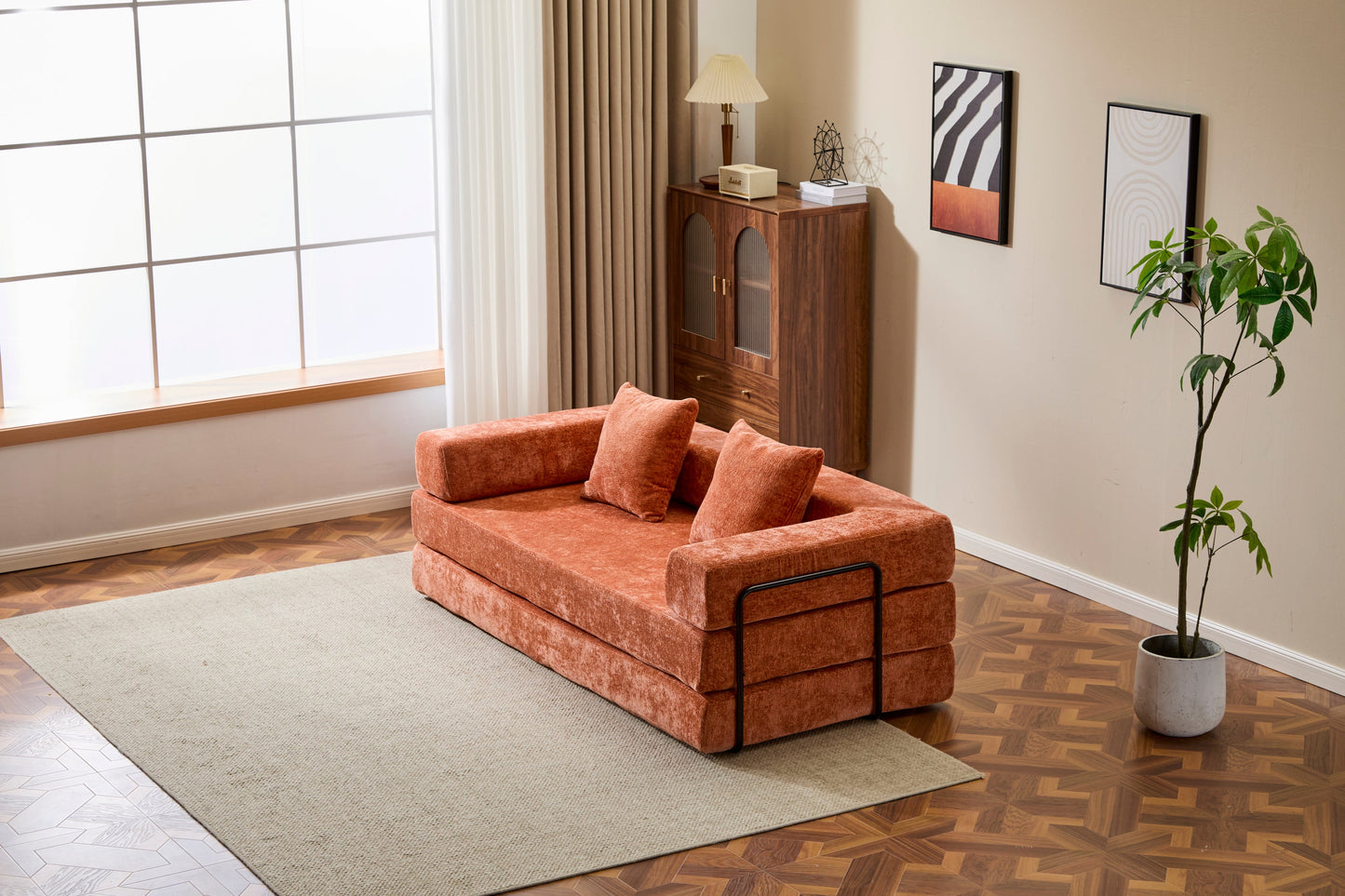 NEW Orange Chenille Fabric Comfy Futon Couch Lounge Sleeper Compression Convertible Floor Sofa Bed Couch with Pillow Back Support Armrest Bed