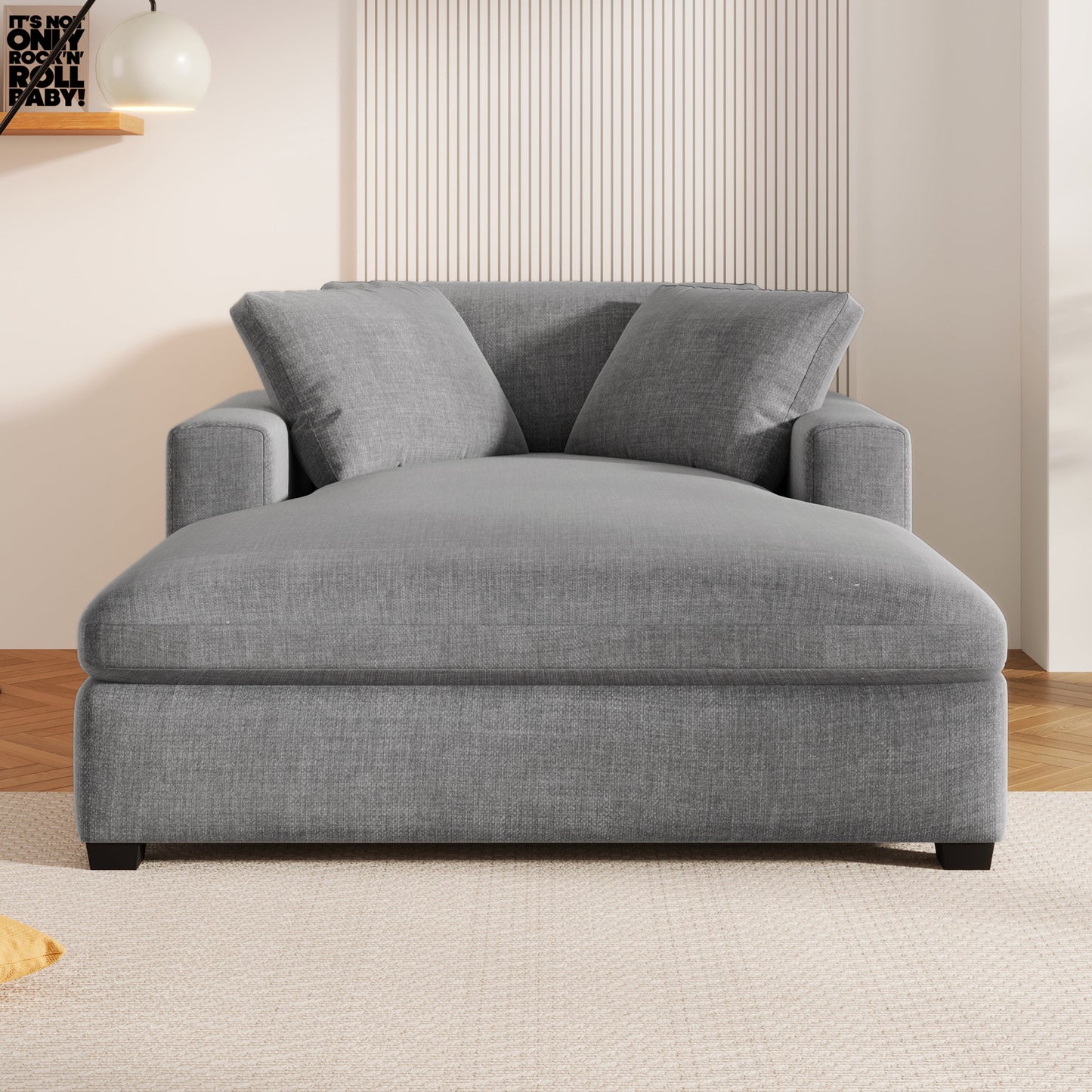 NEW Oversized Chaise Lounge Chair with Solid Wood Legs and Soft Upholstery, Gray