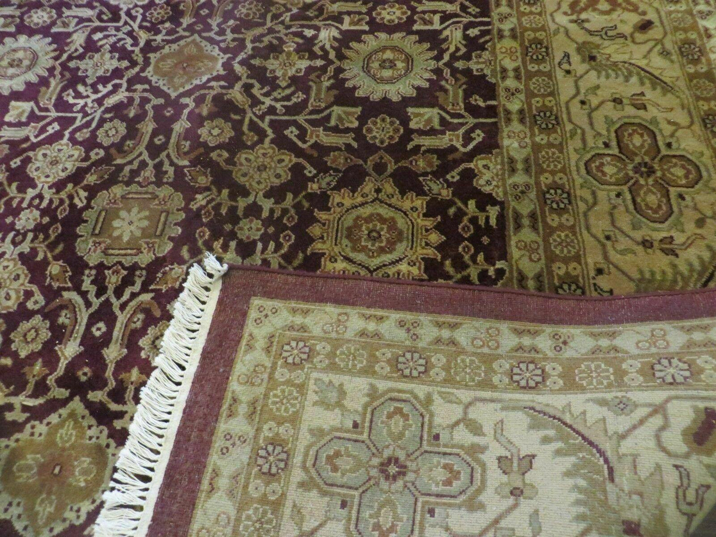 USED Indian Agra Rug 10x14 Vintage Handmade Larastan Wool Carpet Maroon Floral