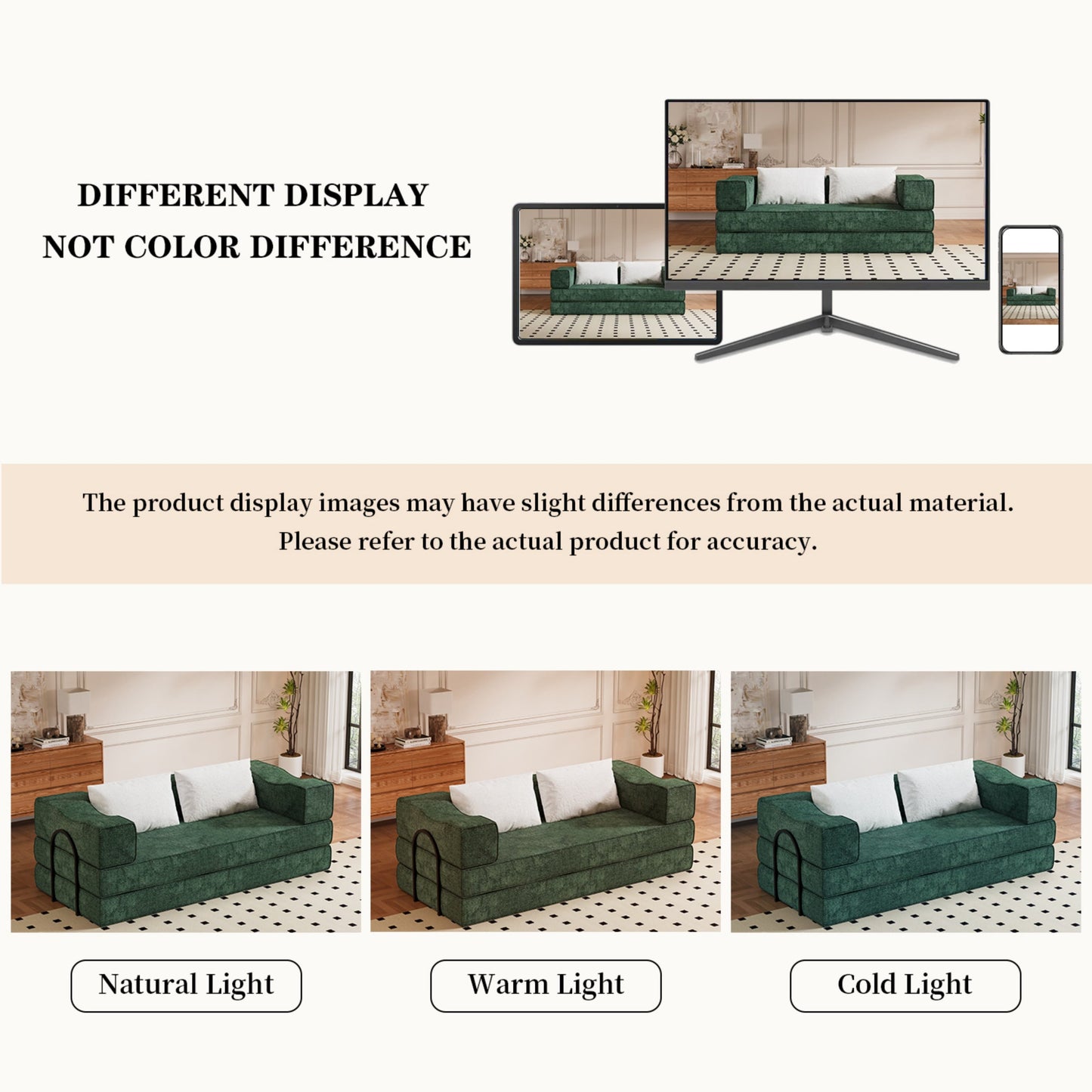 NEW 80 ' Convertible Couch Bed with 2 Pillows, 3-Seat Folding Floor Couch & King Size Bed Mattress, DIY Combination, Chenille, GREEN