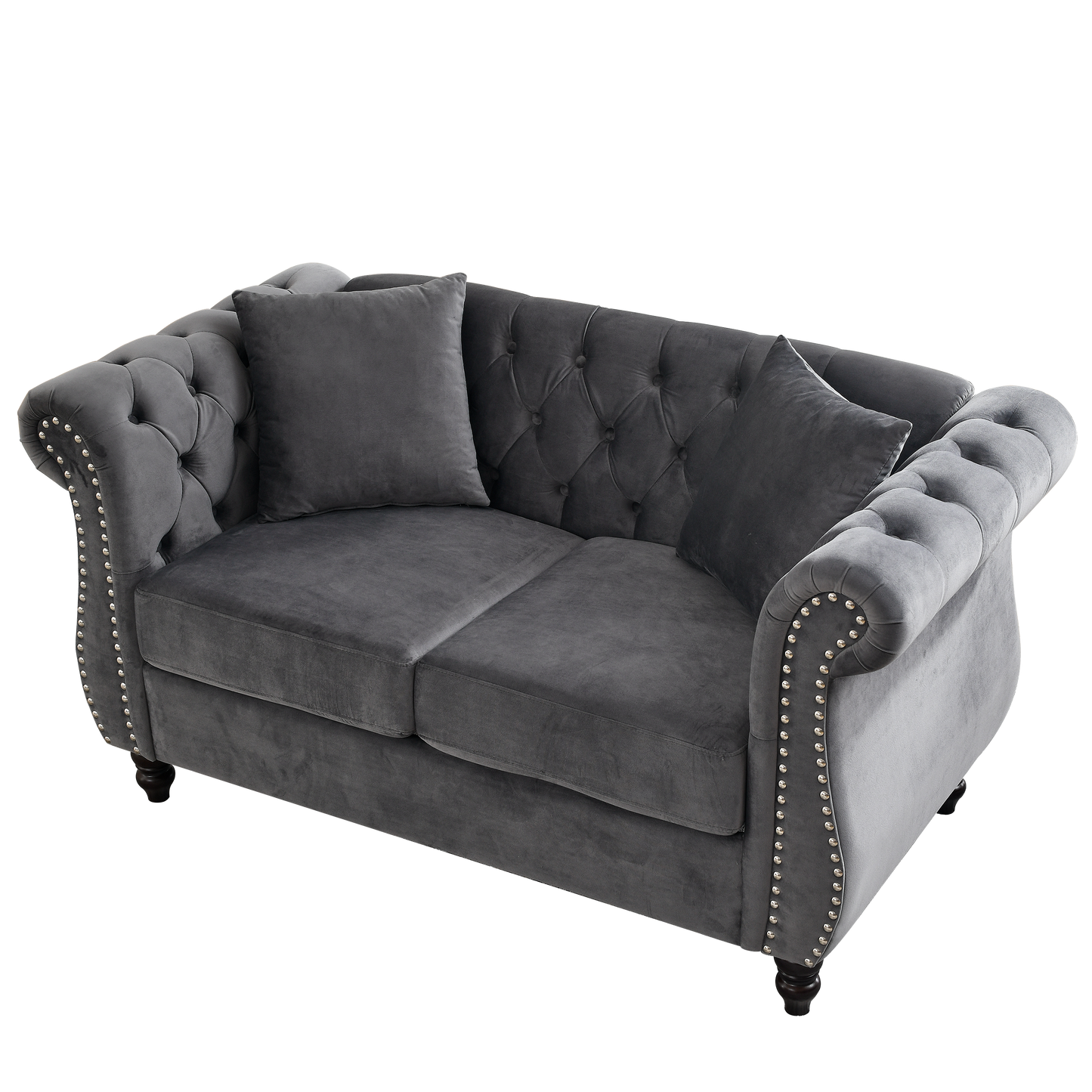 NEW 58.8' Chesterfield Sofa Grey Velvet for Living Room, 2 Seater Sofa Tufted Couch with Rolled Arms and Nailhead for Living Room, Bedroom, Office, Apartment, two pillowsW834S00069