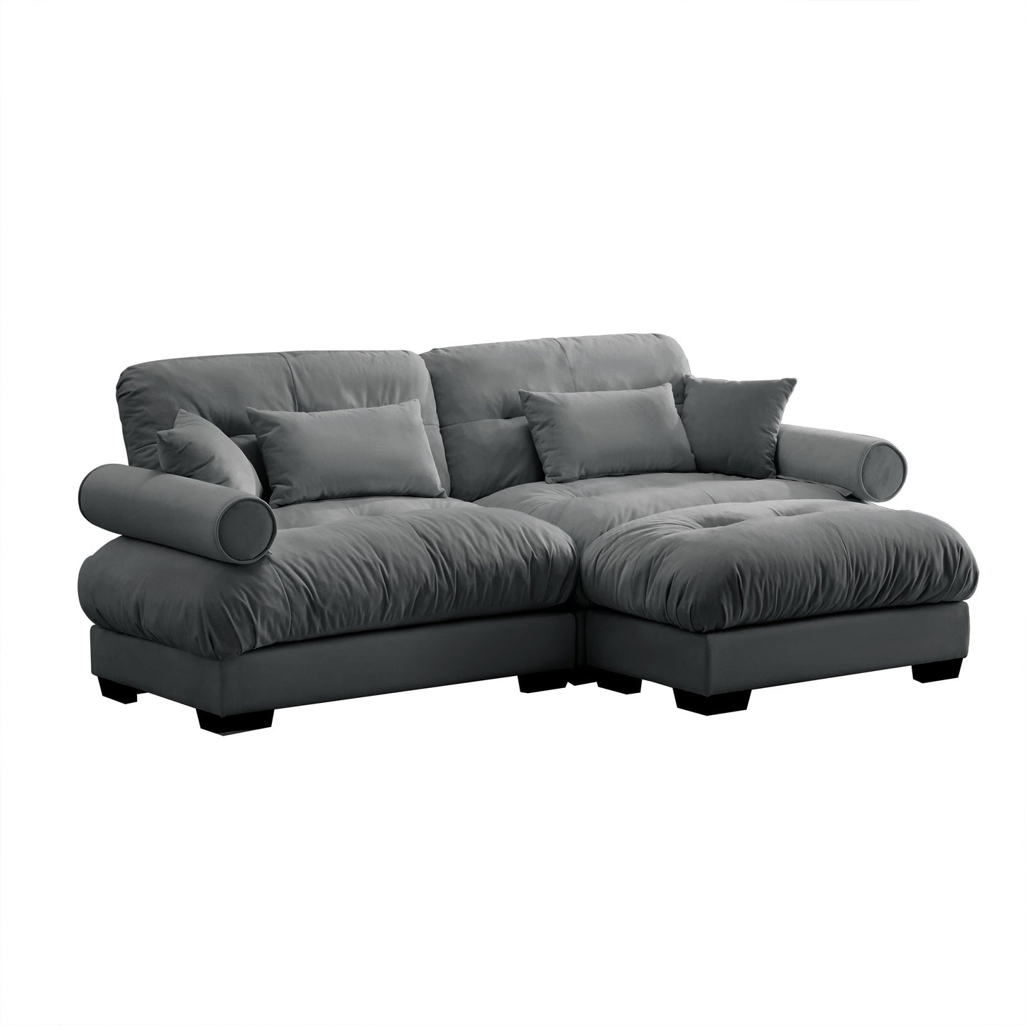 NEW Modern Grey Velvet Two-Seater Sofa with Ottoman and Round Bolster Armrests L Shape
