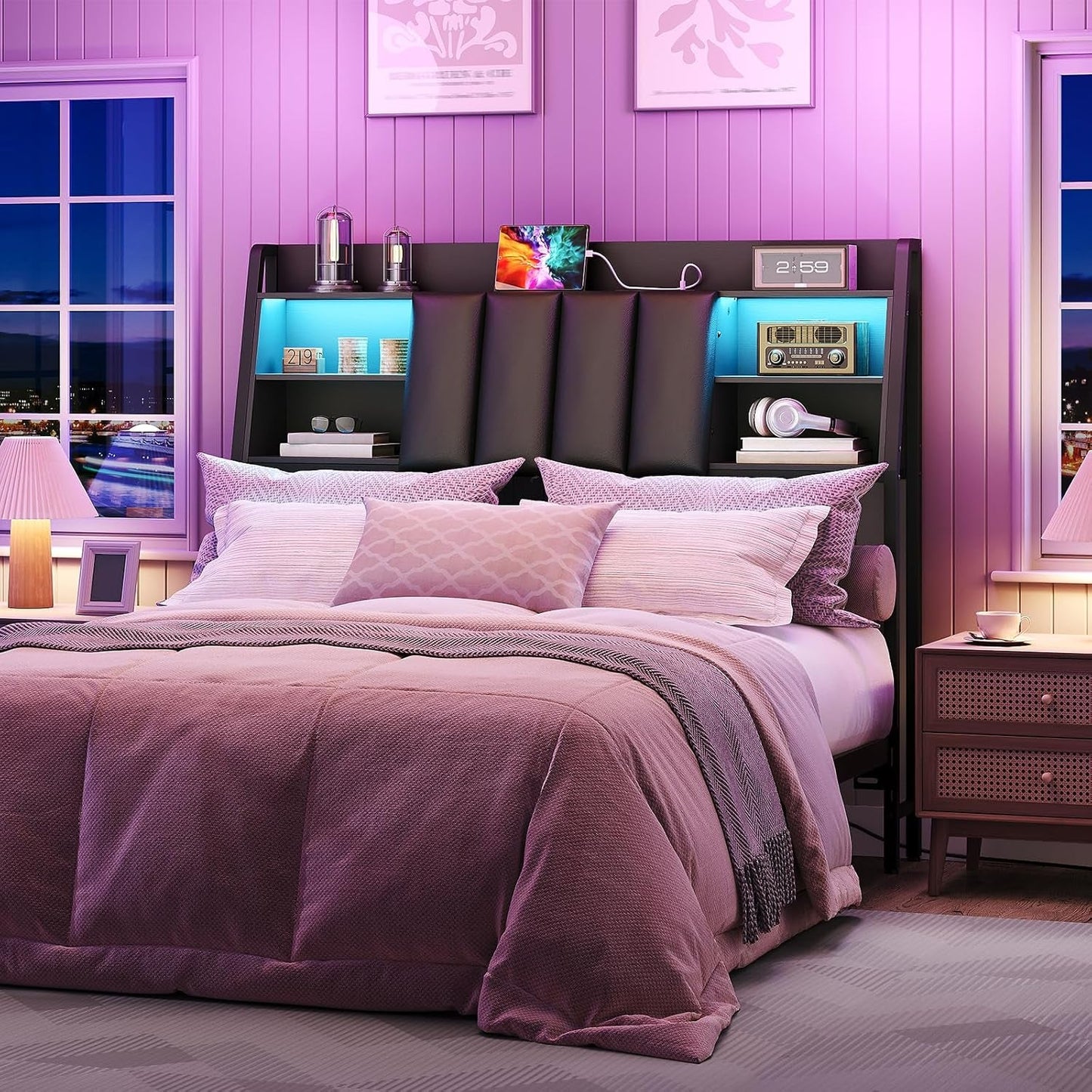 NEW Upholstered Full Size Headboard with LED Lights and Storage