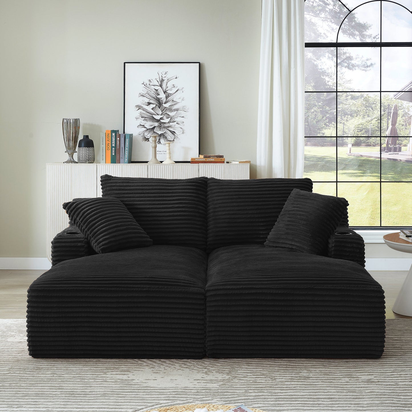 NEW Fluffy Black Corduroy Modern Compressible Double Chaise Lounge Loveseat Sleeper with Cupholders
