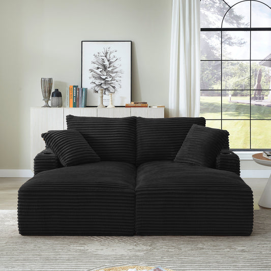 NEW Fluffy Black Corduroy Modern Compressible Double Chaise Lounge Loveseat Sleeper with Cupholders