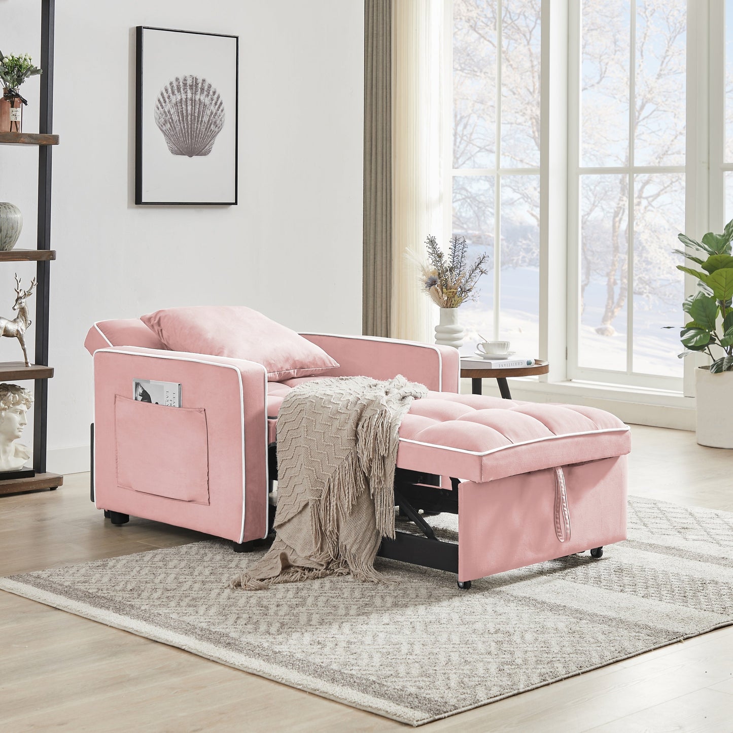 NEW Modern Pink Velvet Three-in-One Sofa Bed Chair with Adjustable Backrest
